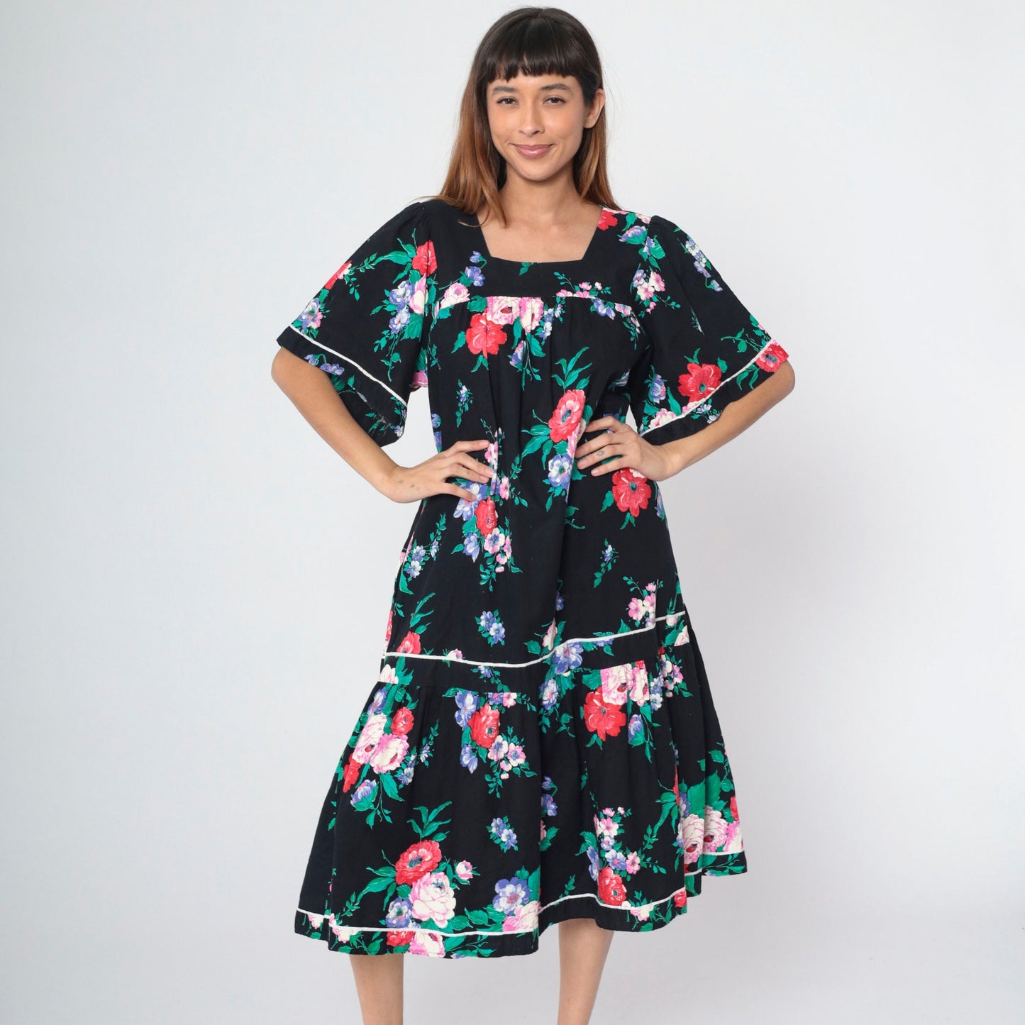 90s Black Floral Midi Dress Puff Sleeve Tent Cut Square Neckline Medium