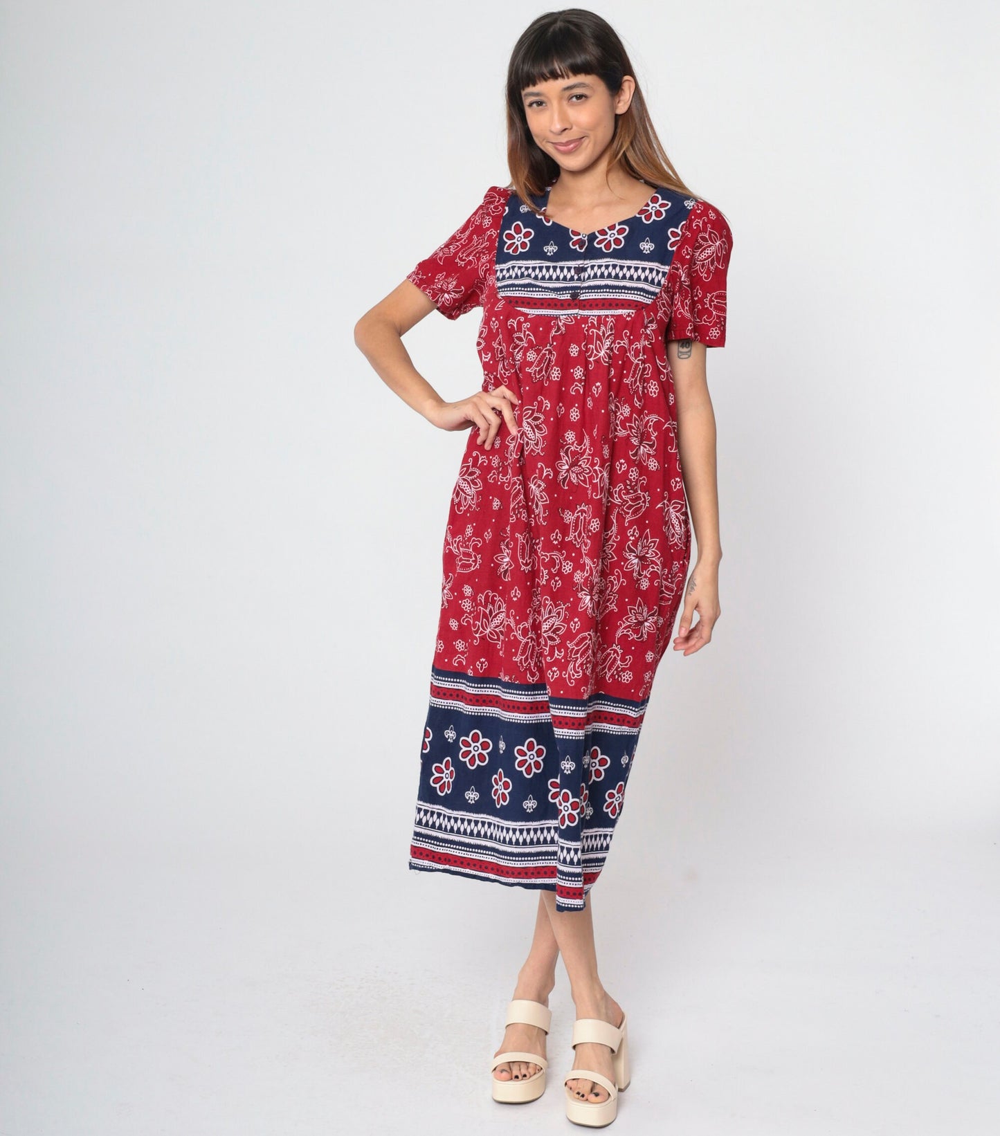 90s Red Floral Handkerchief Print Cotton Midi Dress Puff Sleeve Small