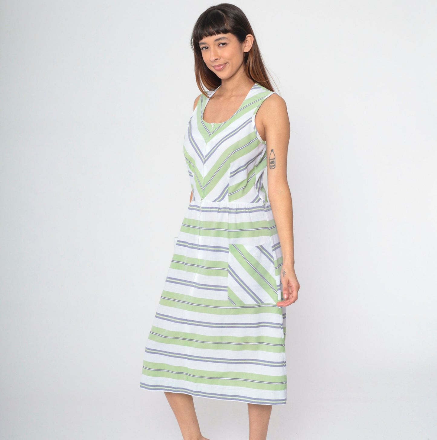 70s Mod Shift Dress Green White Chevron Striped Midi Front Zip Small Medium