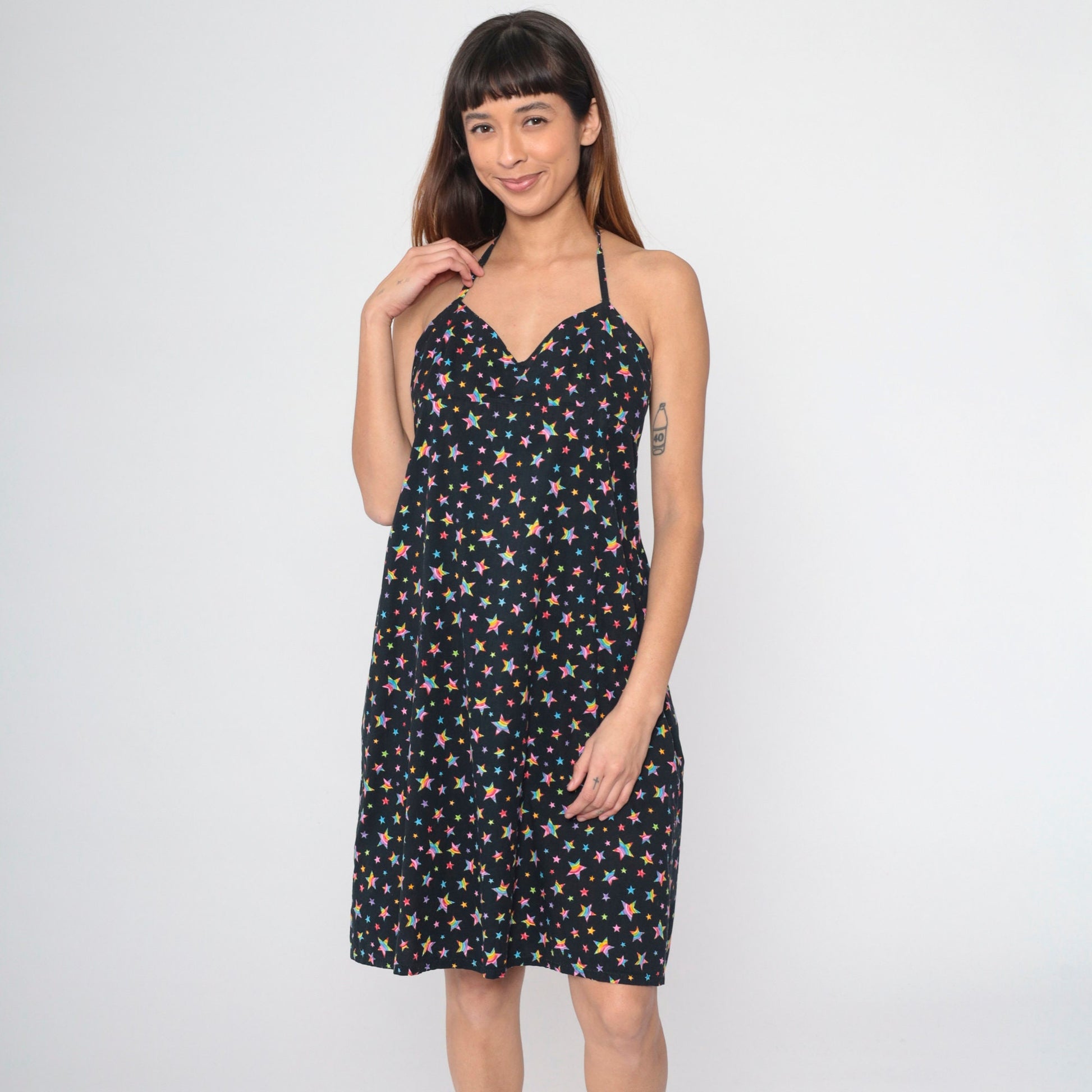 Y2K Black Rainbow Star Print Halter Midi Dress Empire Waist Sleeveless Medium
