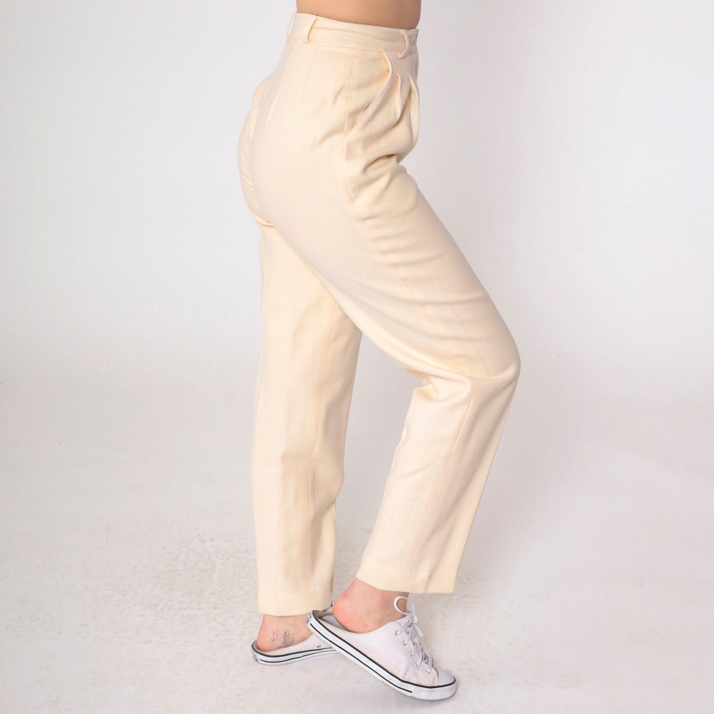 80s Jennifer Moore Cream Wool Pleated Trousers High Waisted Tapered Extra Small
