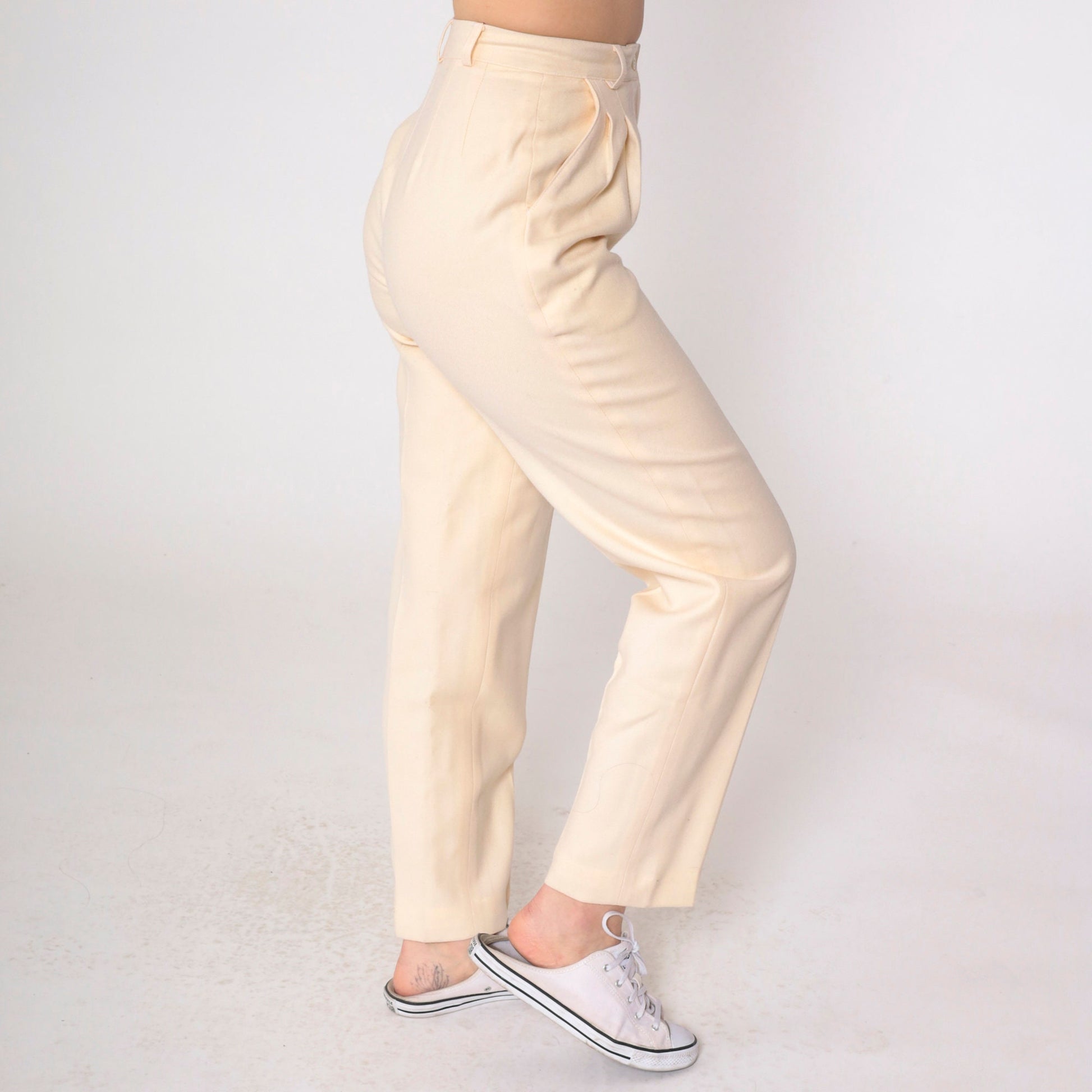 80s Jennifer Moore Cream Wool Pleated Trousers High Waisted Tapered Extra Small