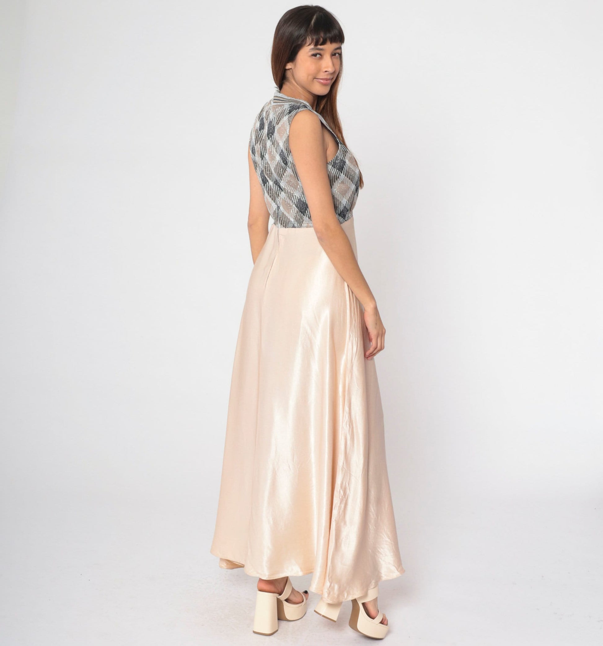 70s Metallic Checkered Maxi Dress Silver Champagne V Neck Sleeveless Medium