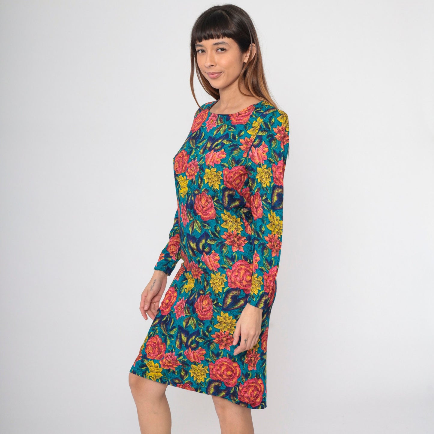 80s Floral Rose Print Midi Dress Puff Sleeve Sheath Pink Blue Small