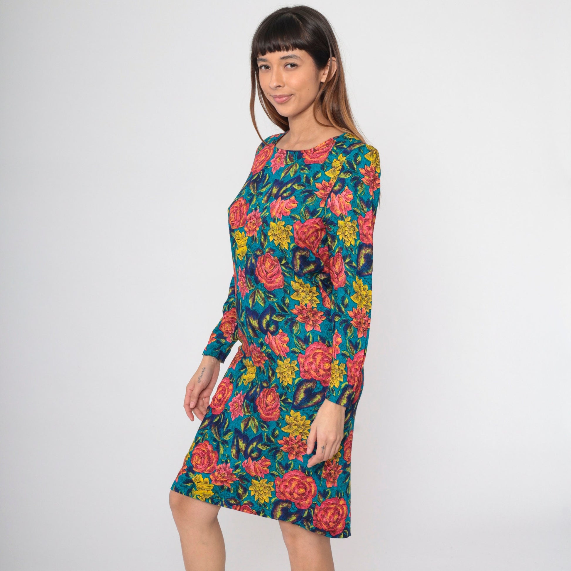 80s Floral Rose Print Midi Dress Puff Sleeve Sheath Pink Blue Small