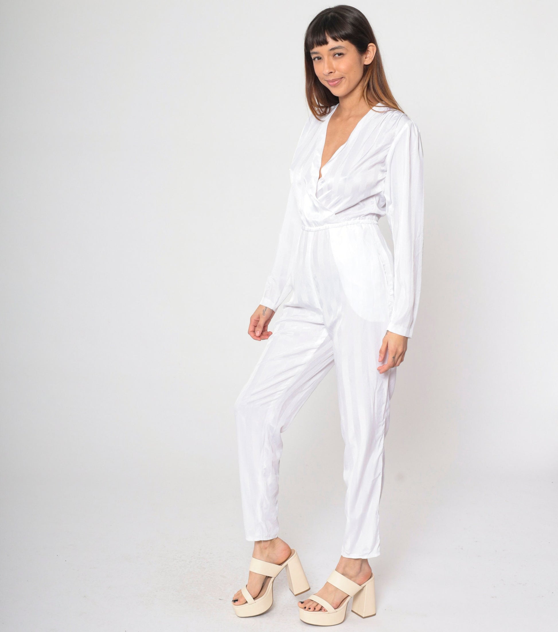 80s White Striped Puff Sleeve Jumpsuit V Neck Tapered Pantsuit Small S