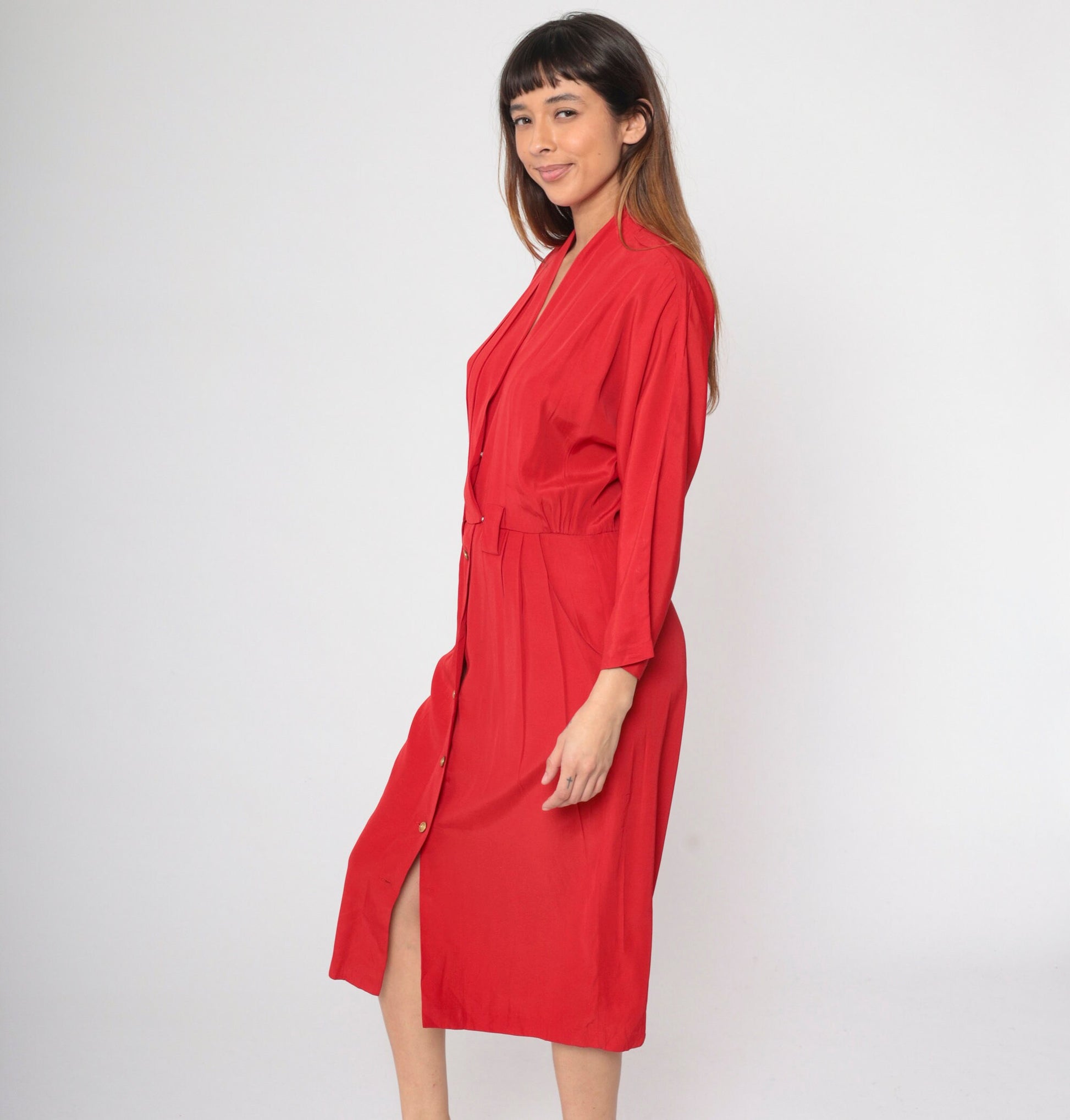90s Red Button-Up Midi Dress Dolman Sleeve High Waist Faux Wrap Small 6