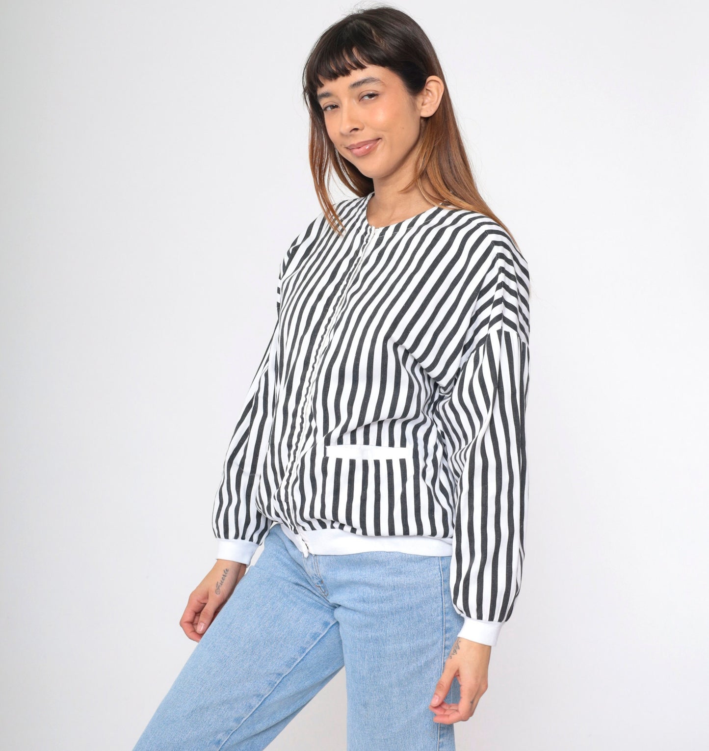 80s Black White Striped Cotton Shacket Hidden Snap Jacket Medium