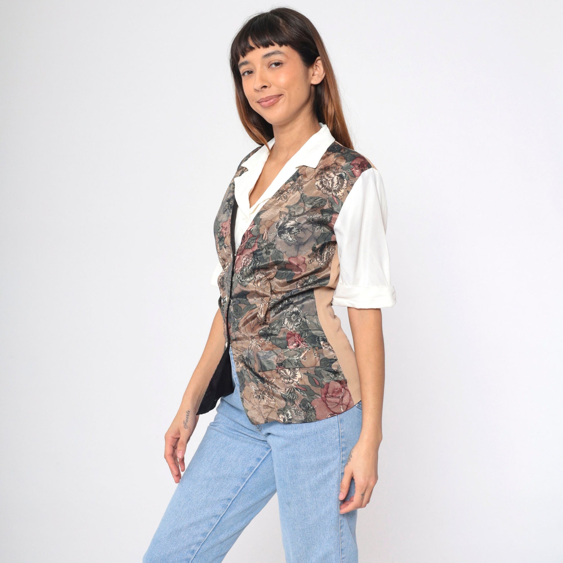 90s Victoria Ashley Floral Vest Blouse White Button Up Short Sleeve Small