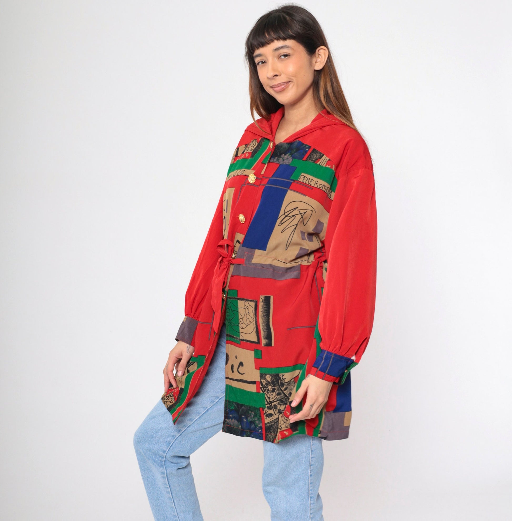 90s Picasso Barcelona Art Hooded Jacket Red Button-Up Drawstring Waist Large L