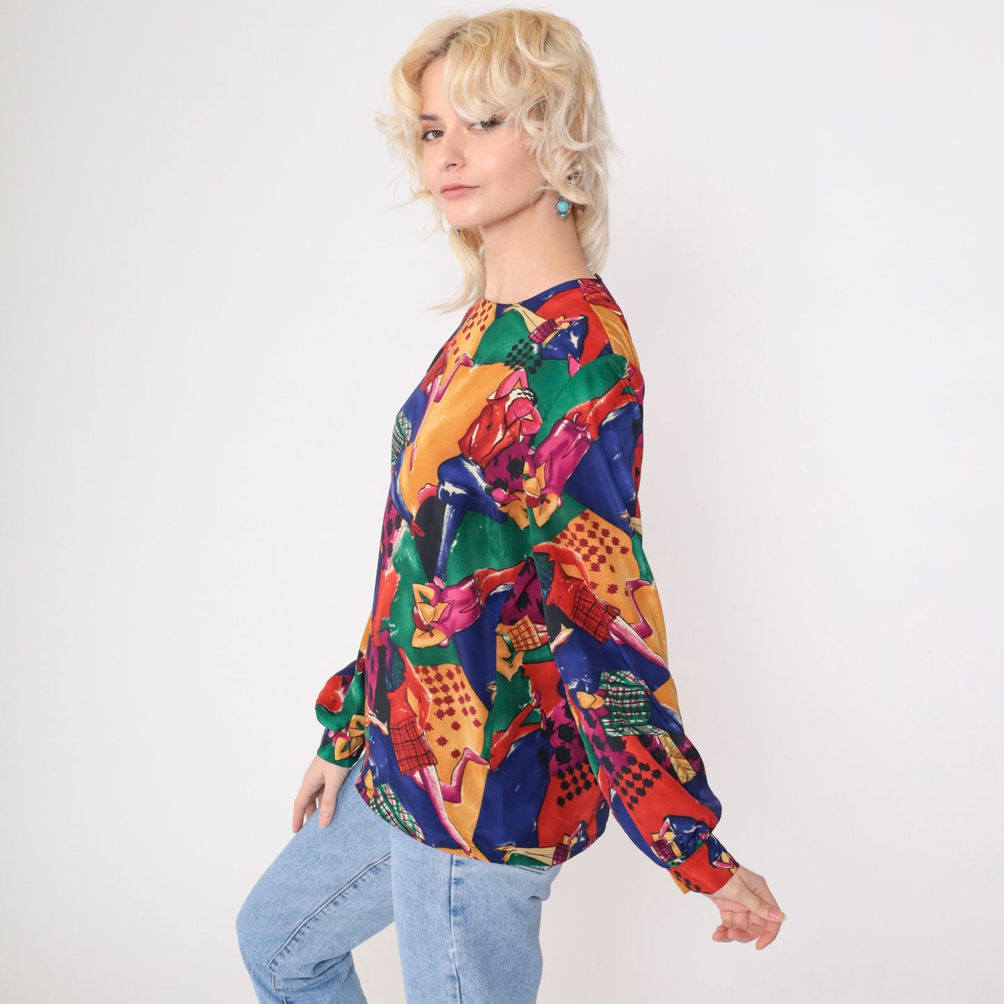 90s Checkered Runway Model Print Blouse Multicolor Long Sleeve Large