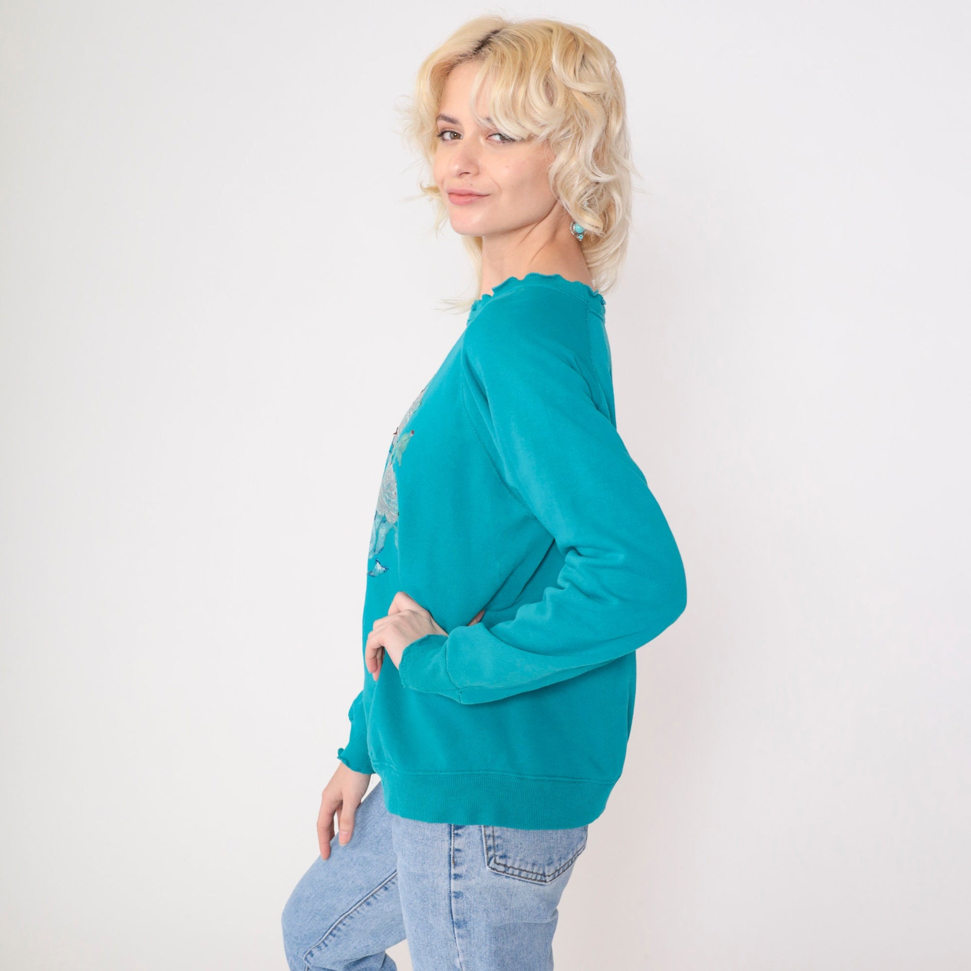 90s Hanes Her Way Turquoise Floral Glitter Sweatshirt Lettuce Edge Medium