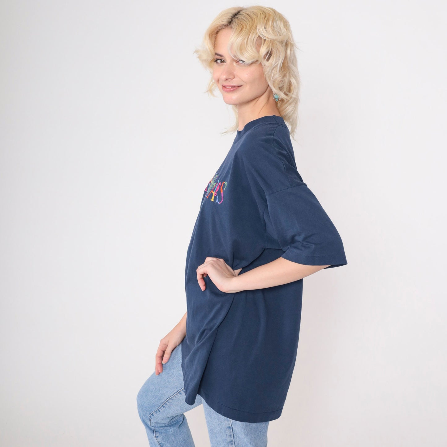 90s Nassau Bahamas Embroidered Graphic Tee Dolphin Palm Navy Extra Large