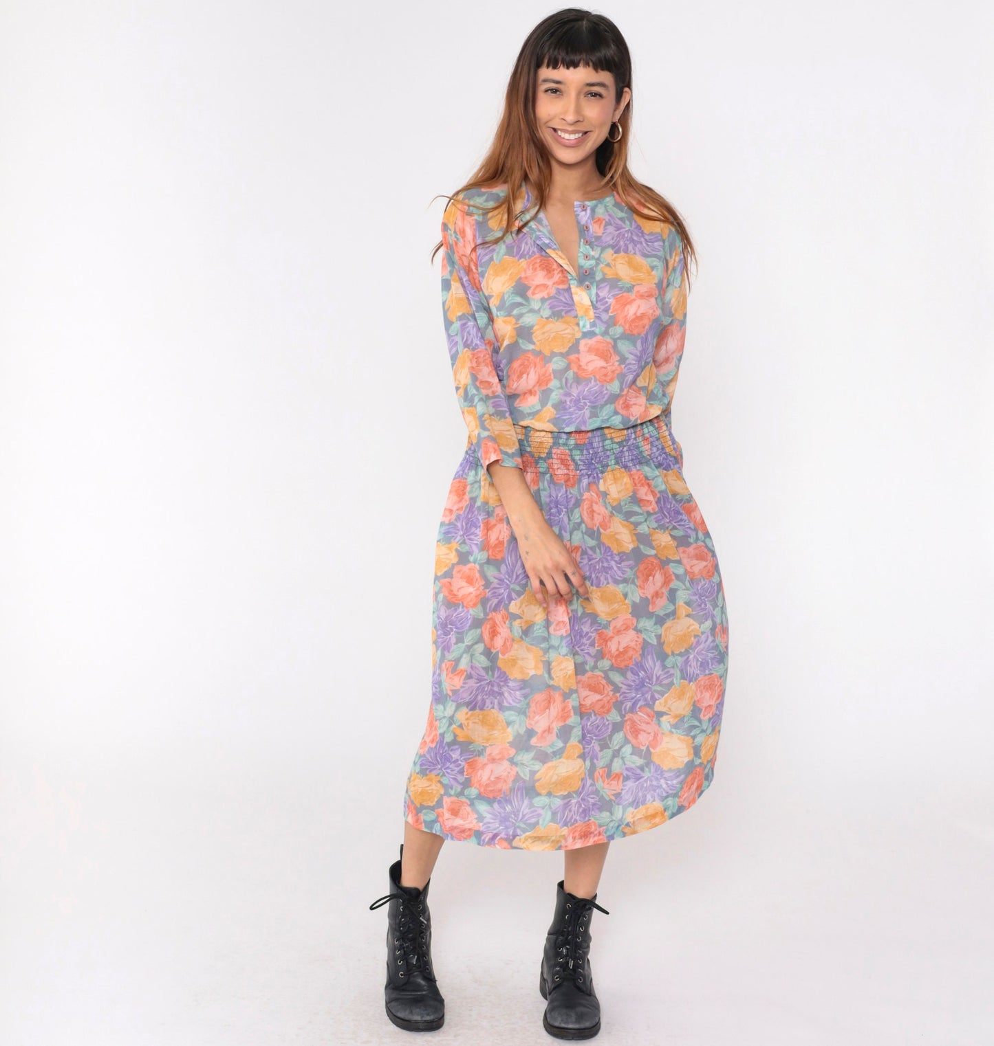 80s Starlo Fashions Floral Midi Dress Smocked Waist Henley Neckline Medium