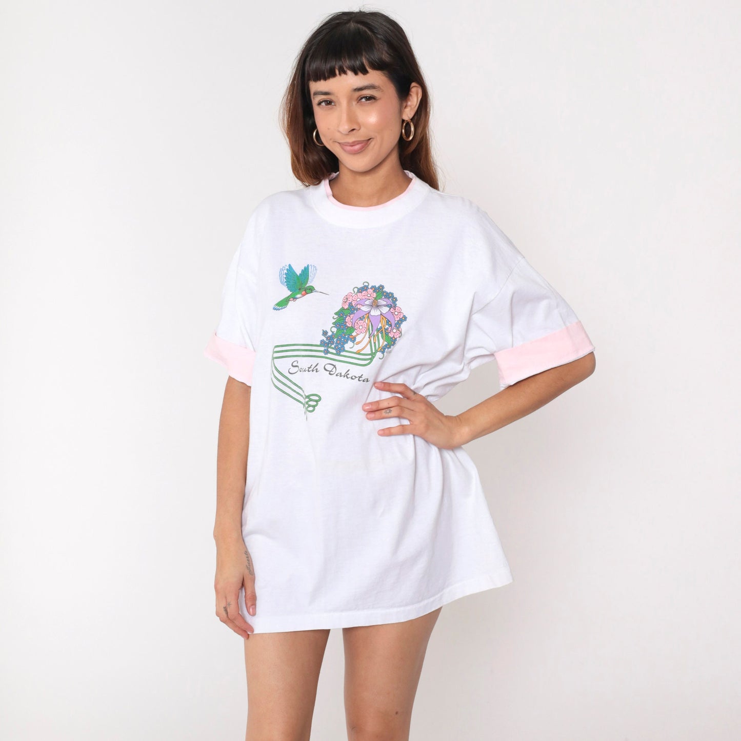 80s South Dakota Hummingbird Floral Graphic T-Shirt White Cotton Extra Large XL