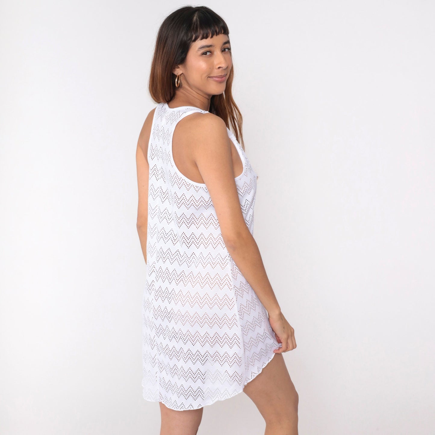 Y2K White Mesh Zig Zag Cutout Racerback Mini Dress Medium