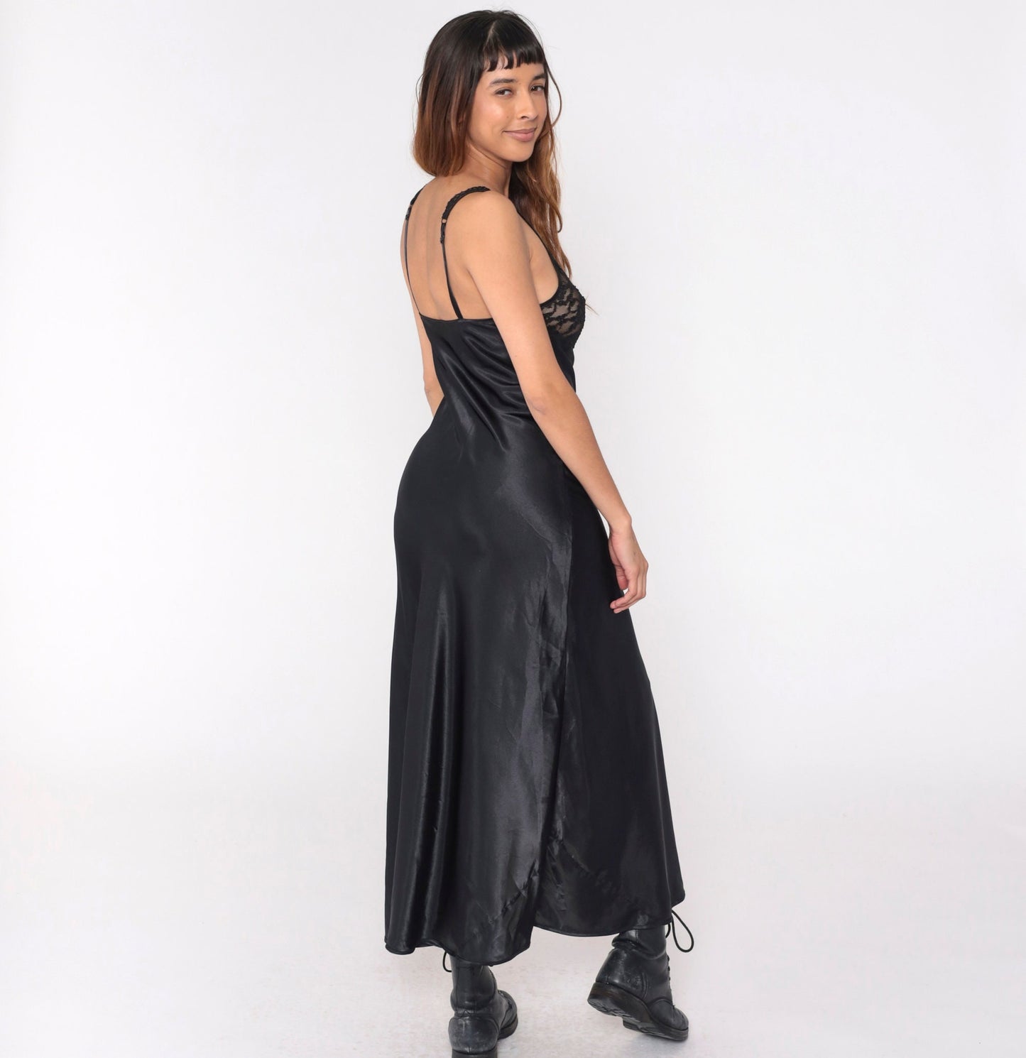 Y2K Victoria's Secret Black Satin Lace Slip Dress Maxi Deep V Sheer Small