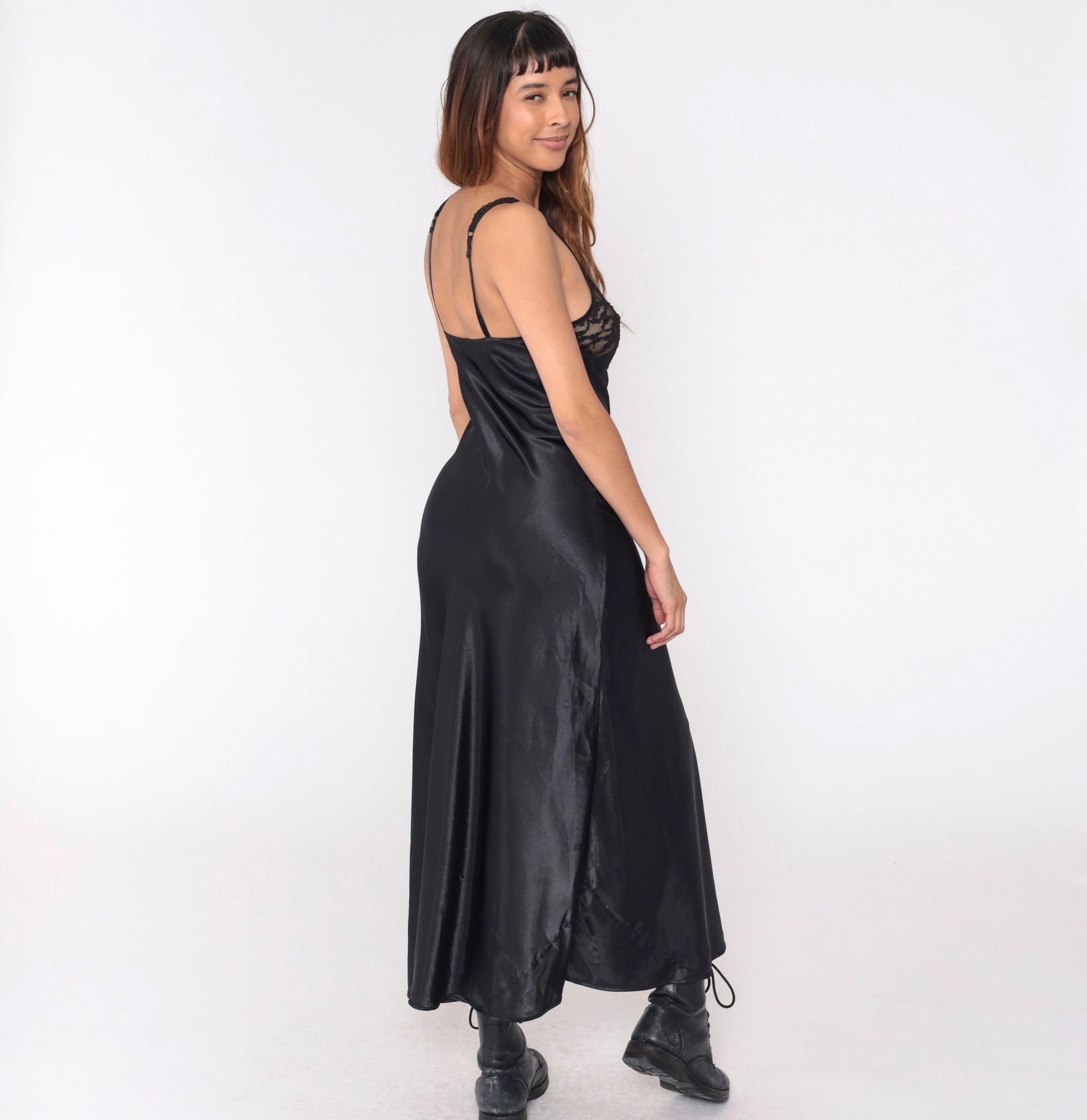 Y2K Victoria's Secret Black Satin Lace Slip Dress Maxi Deep V Sheer Small