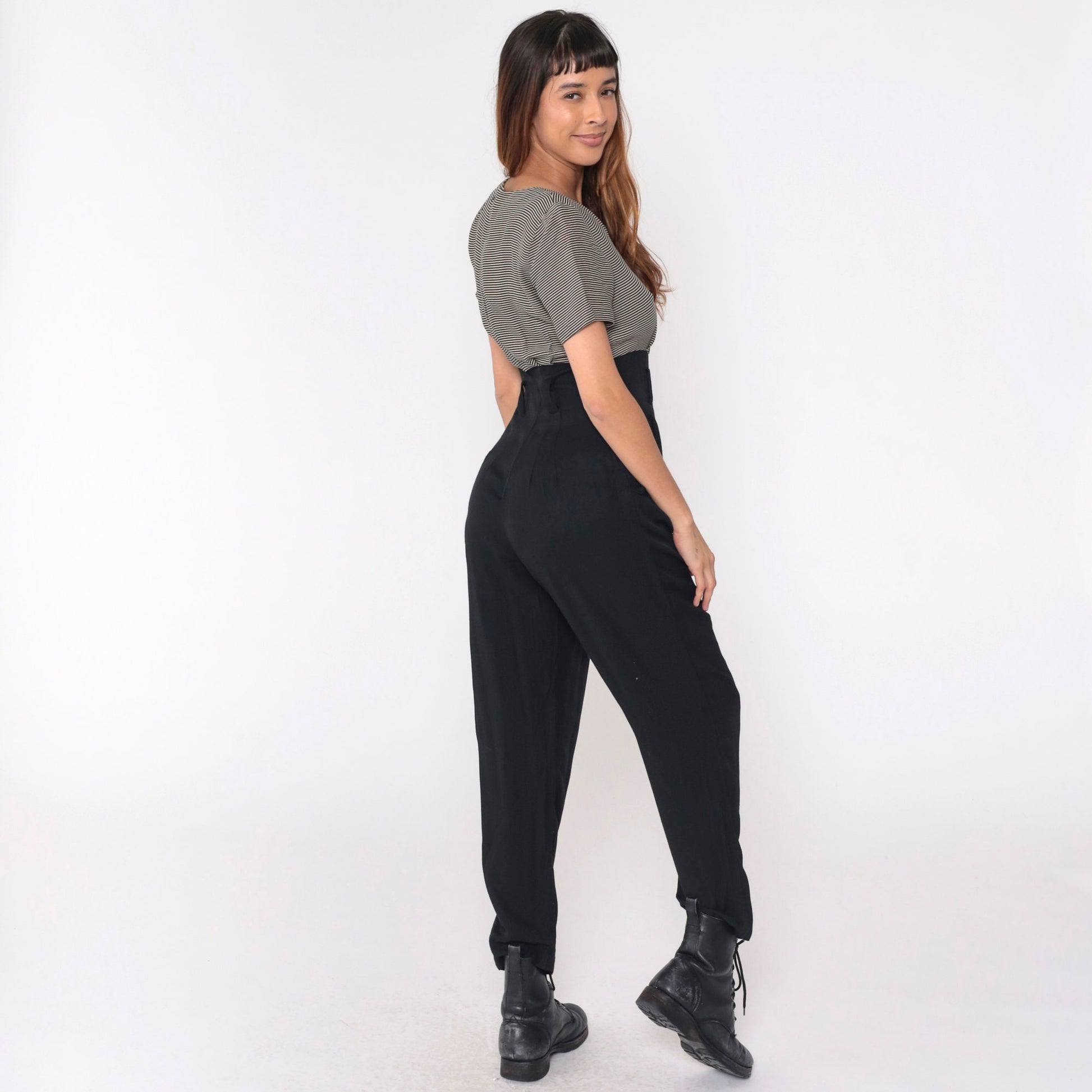 90s Black Pinstripe Jumpsuit Scoop Neck Tapered Pants Pockets Medium 8