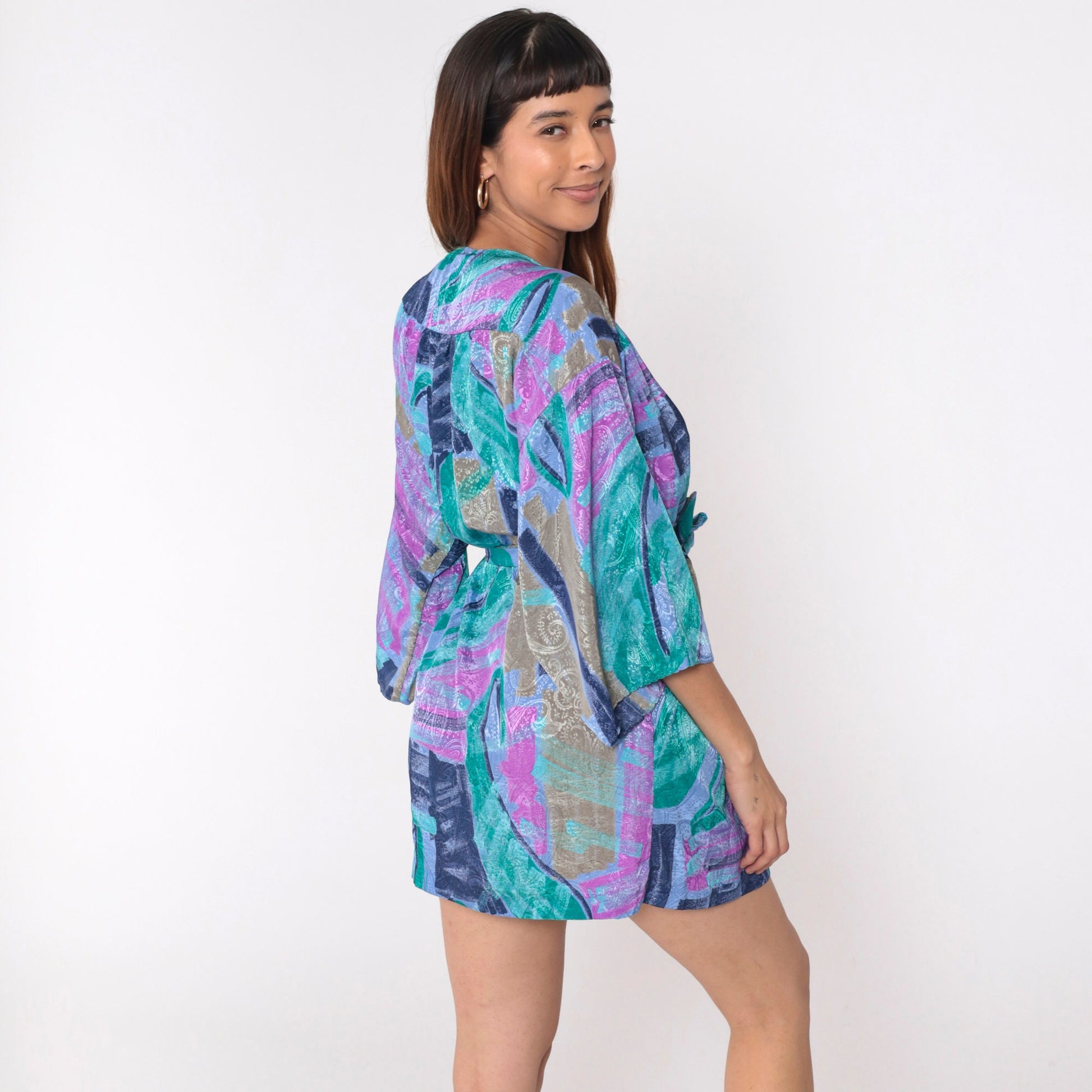 90s Brushstroke Paisley Kimono Robe Mini Purple Blue Small