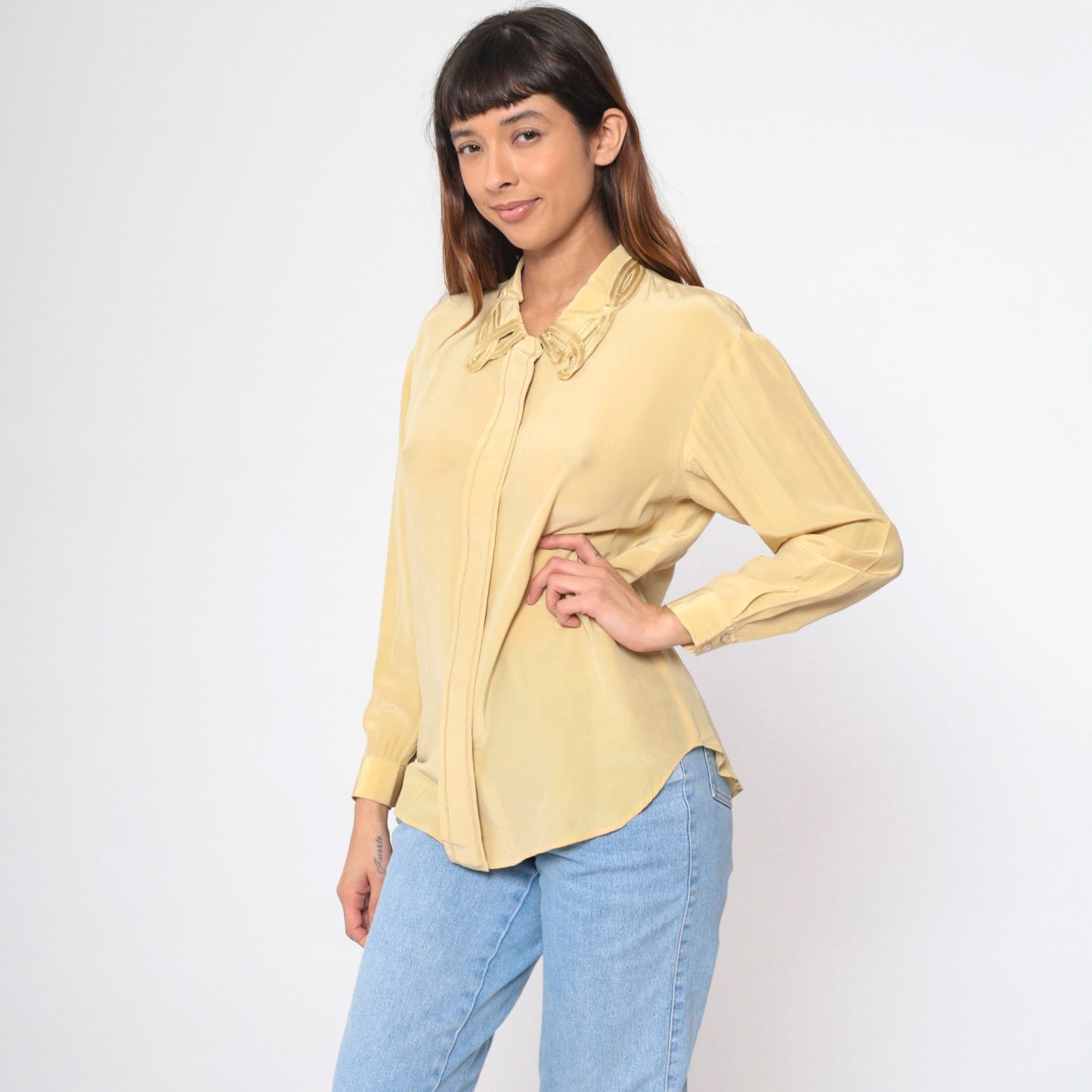 90s Rafaella Silk Cutwork Blouse Yellow Long Sleeve Hidden Button Small