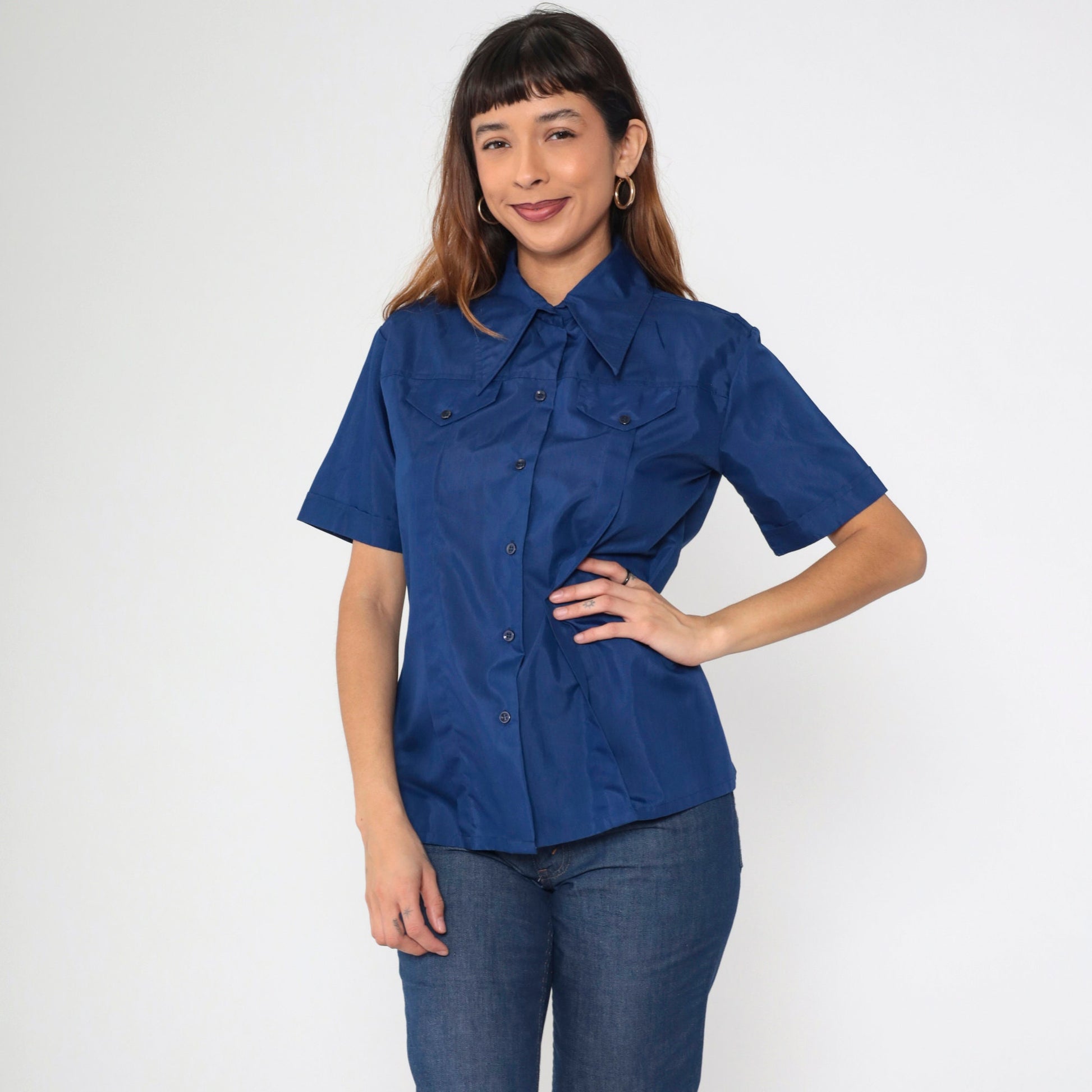 70s Navy Button-Up Shirt Pleated Dagger Collar Short Sleeve Medium