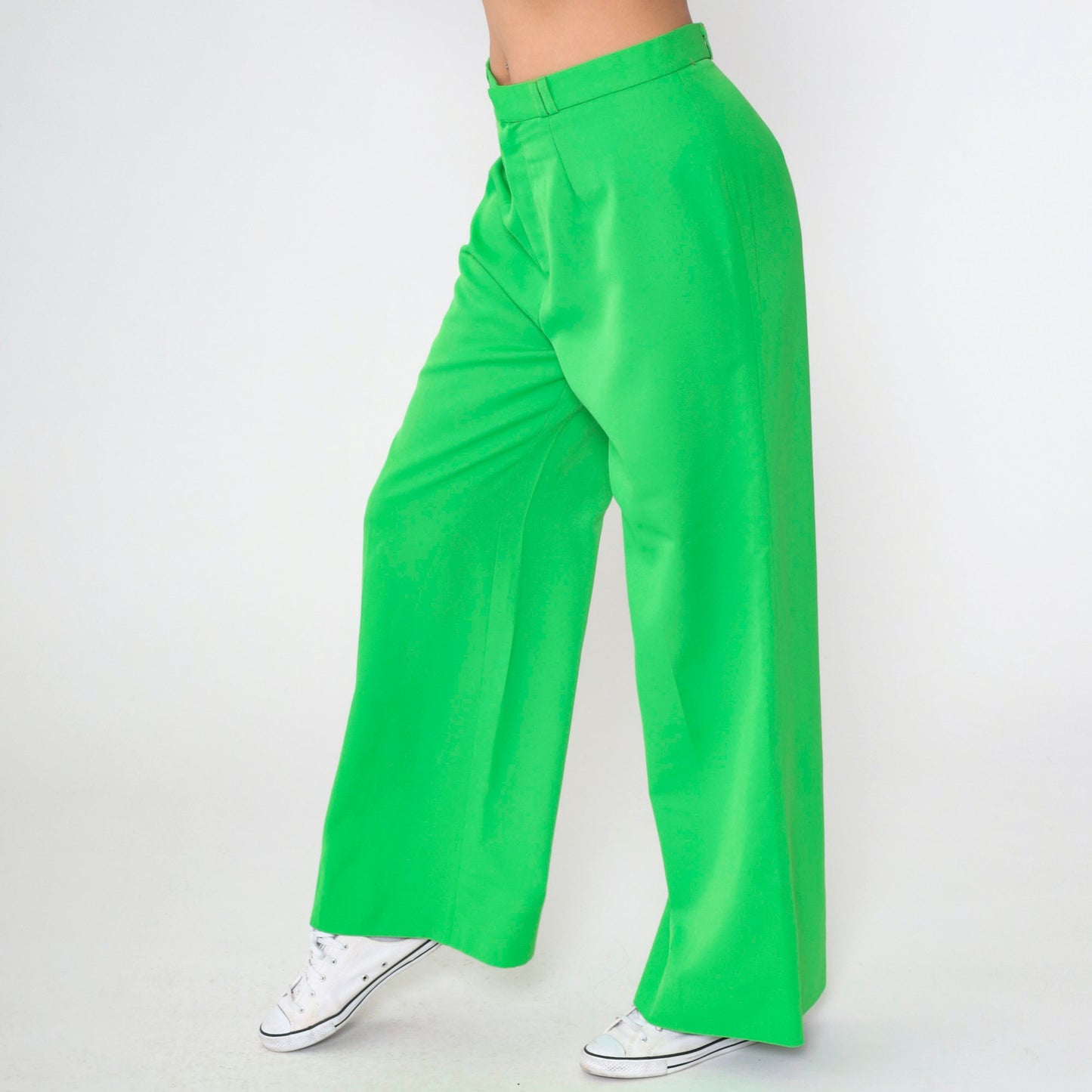 70s Bright Green Bell Bottom Pants High Waist Flared Trousers Medium