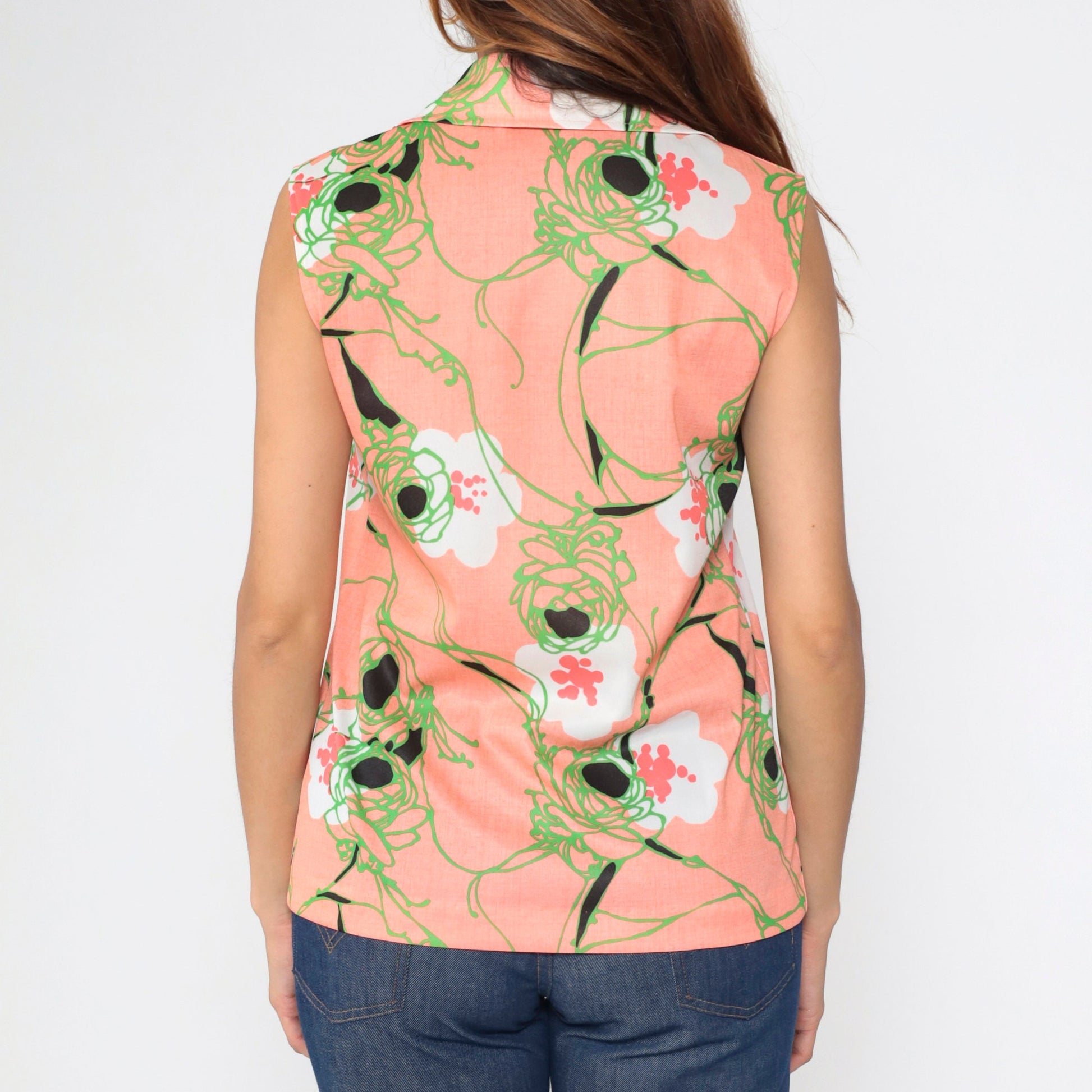 70s Pink Floral Tank Top Wing Collar Button-Up Sleeveless Blouse Medium
