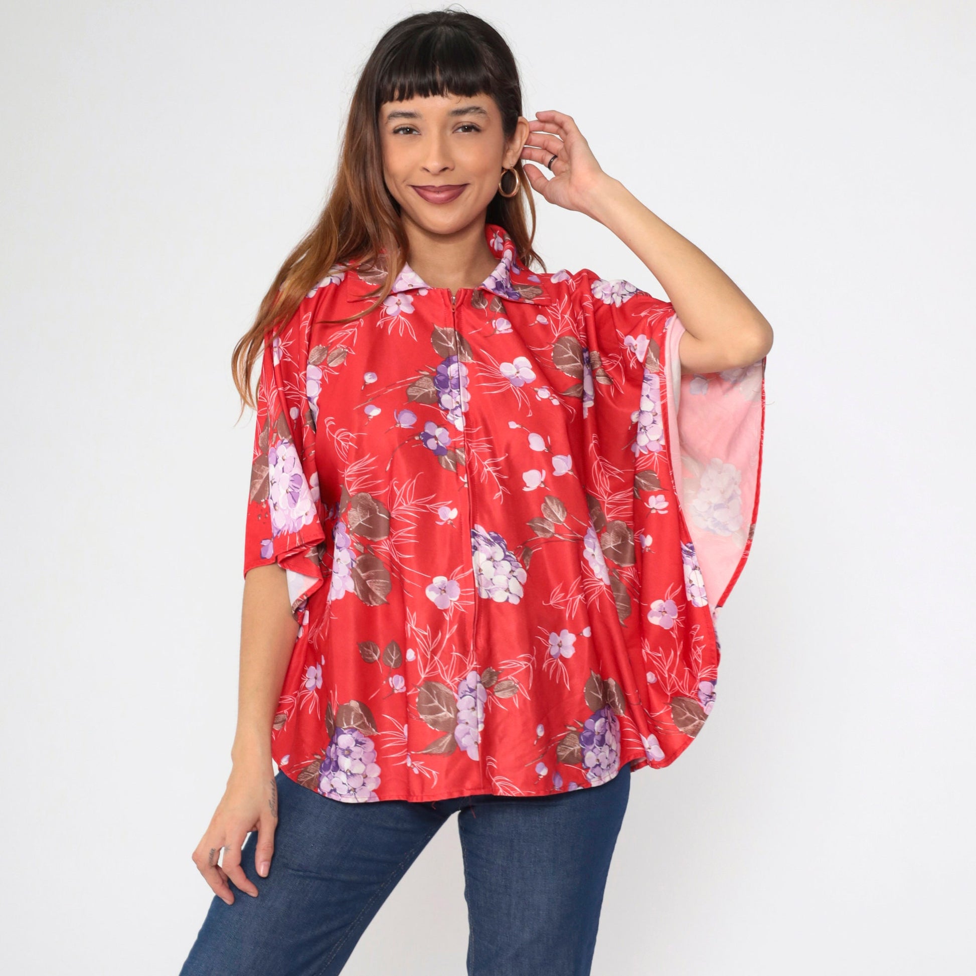70s Jaylan of California Red Floral Zip Blouse Angel Sleeve Medium Large