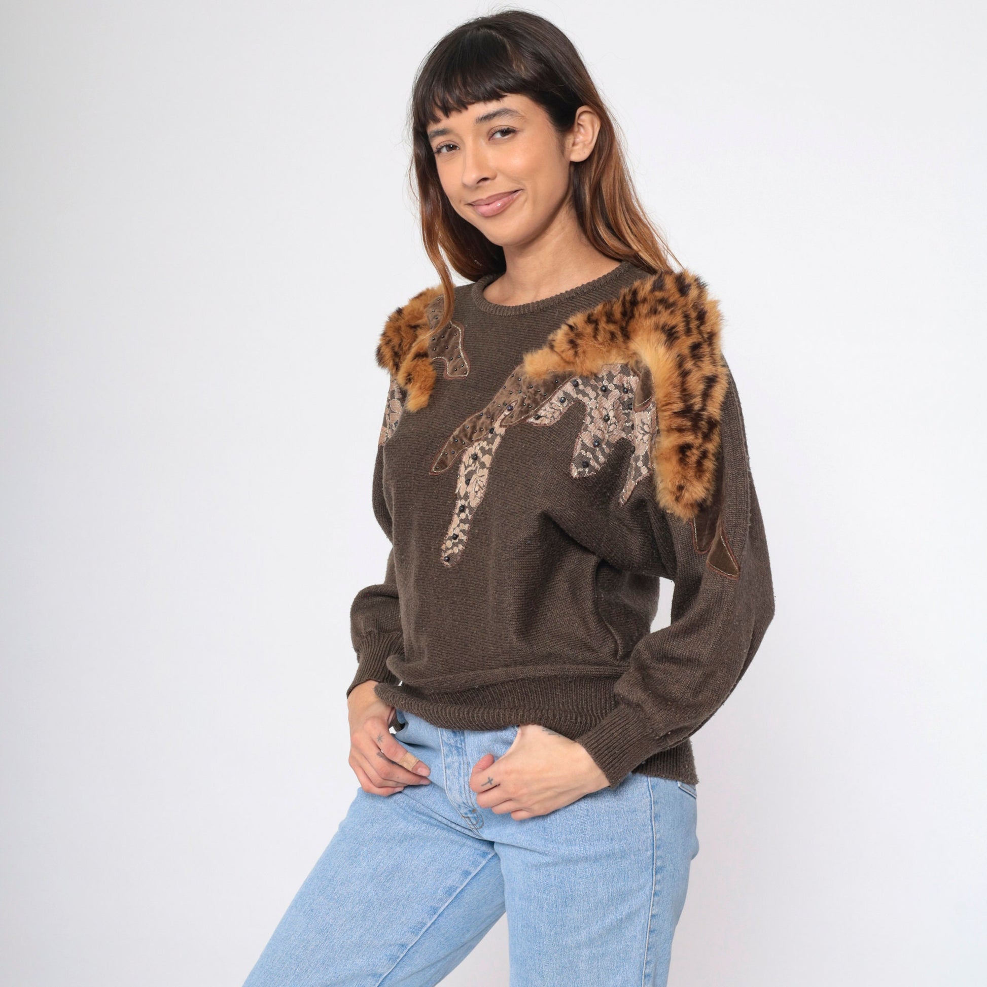 80s Brown Beaded Faux Fur Knit Sweater Dolman Sleeve Crewneck Medium