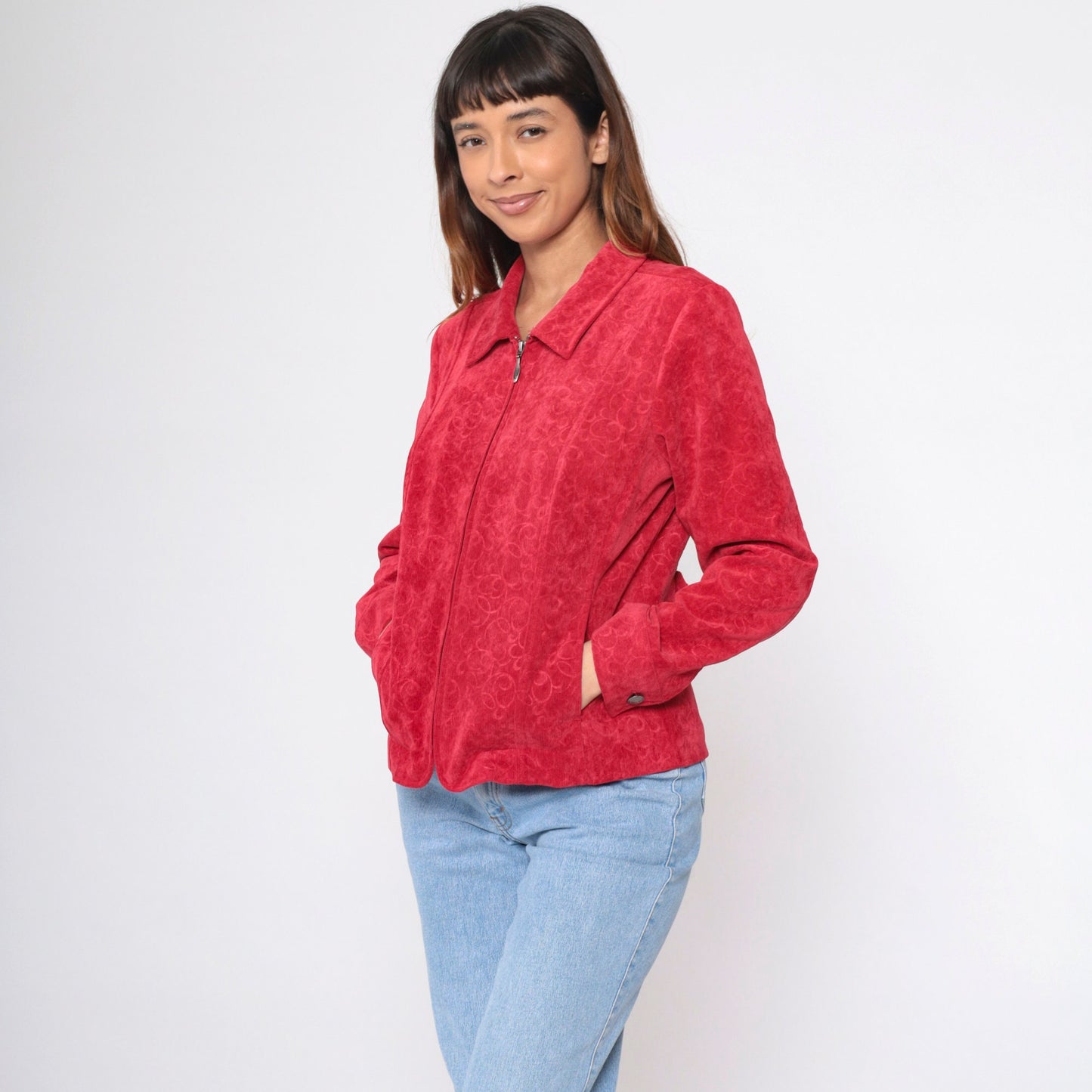 90s Red Corduroy Jacket Baroque Scroll Zip-Up Medium