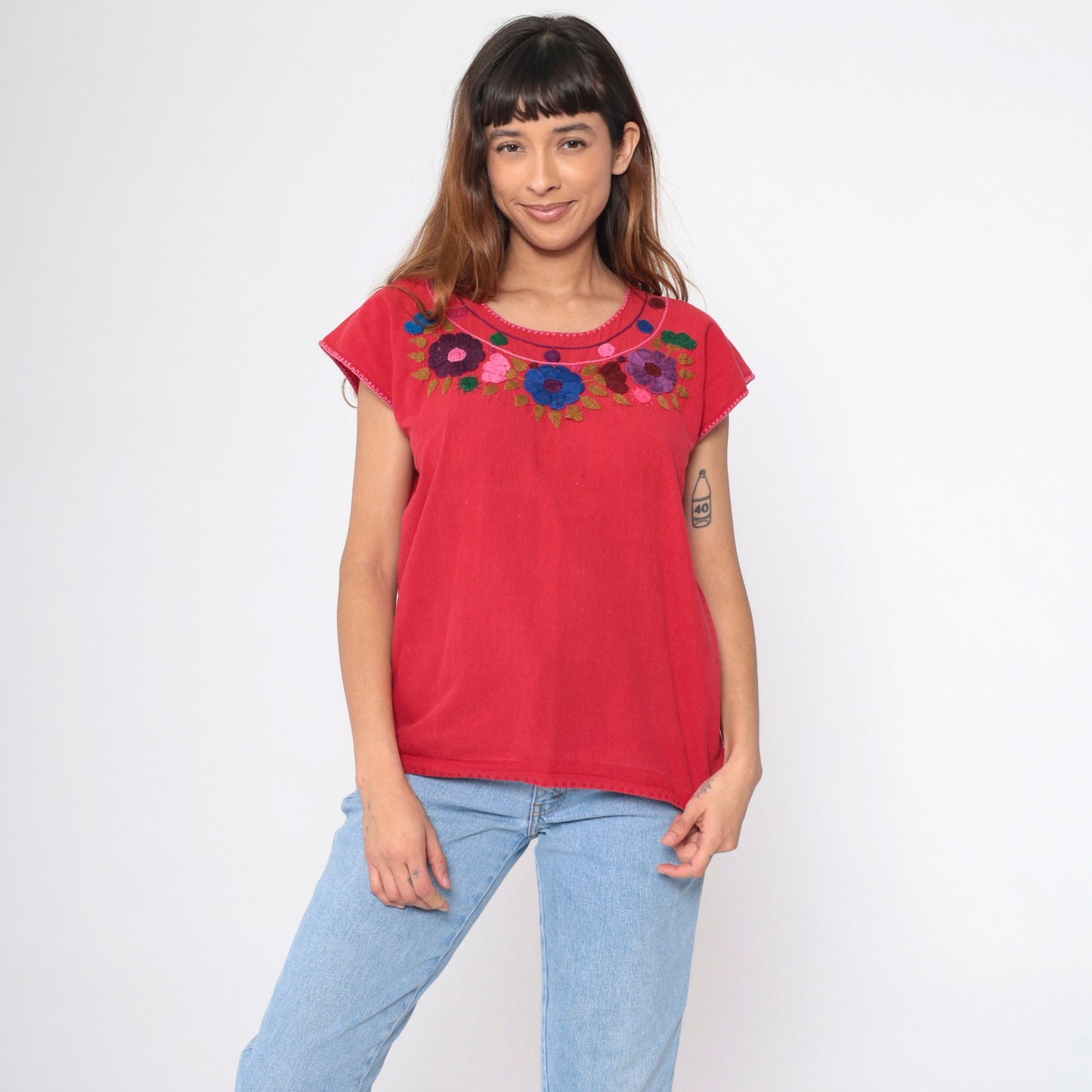 90s Mexican Embroidered Floral Blouse Red Short Sleeve Medium