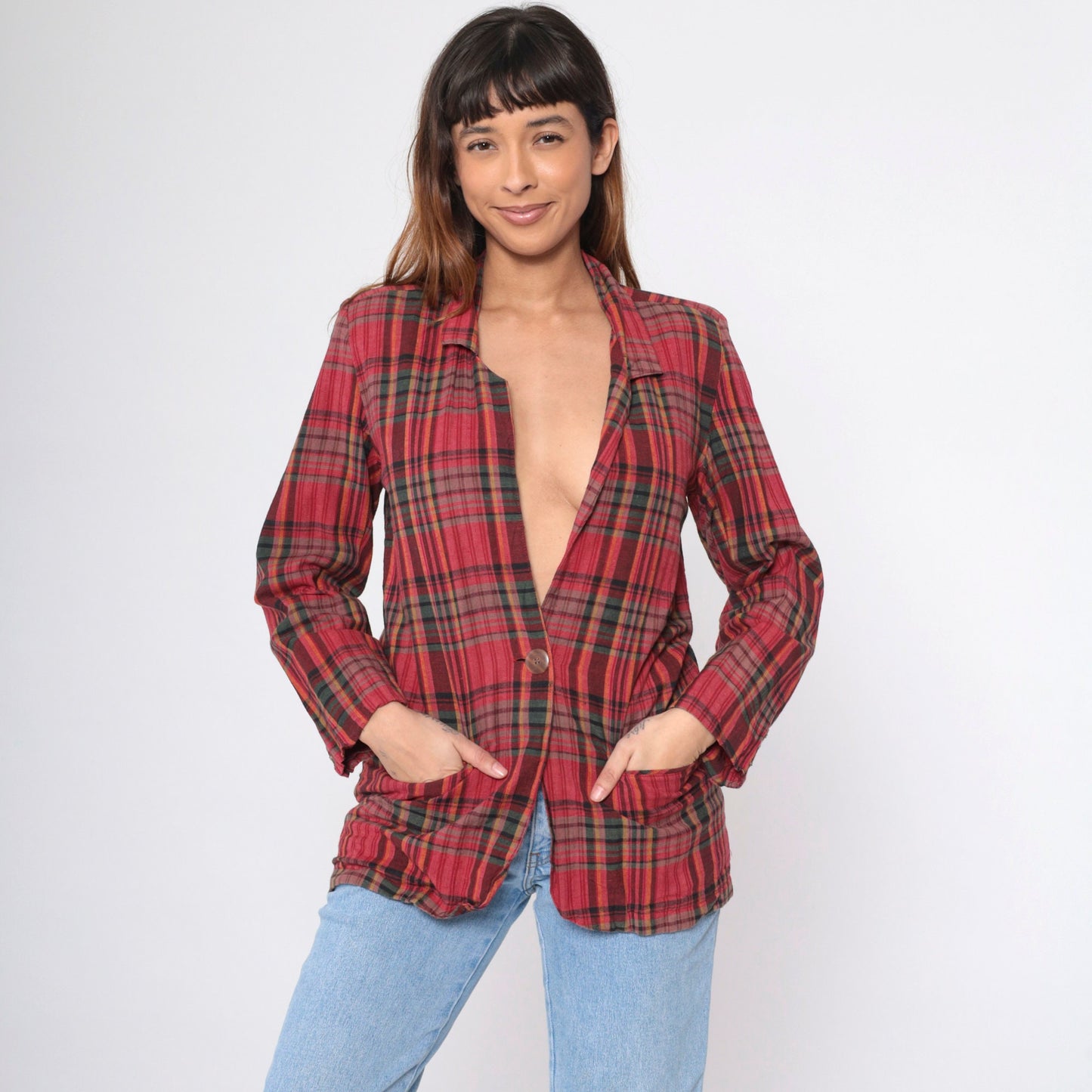 90s Red Plaid Cotton Blazer Deep V Neck Button Up Small
