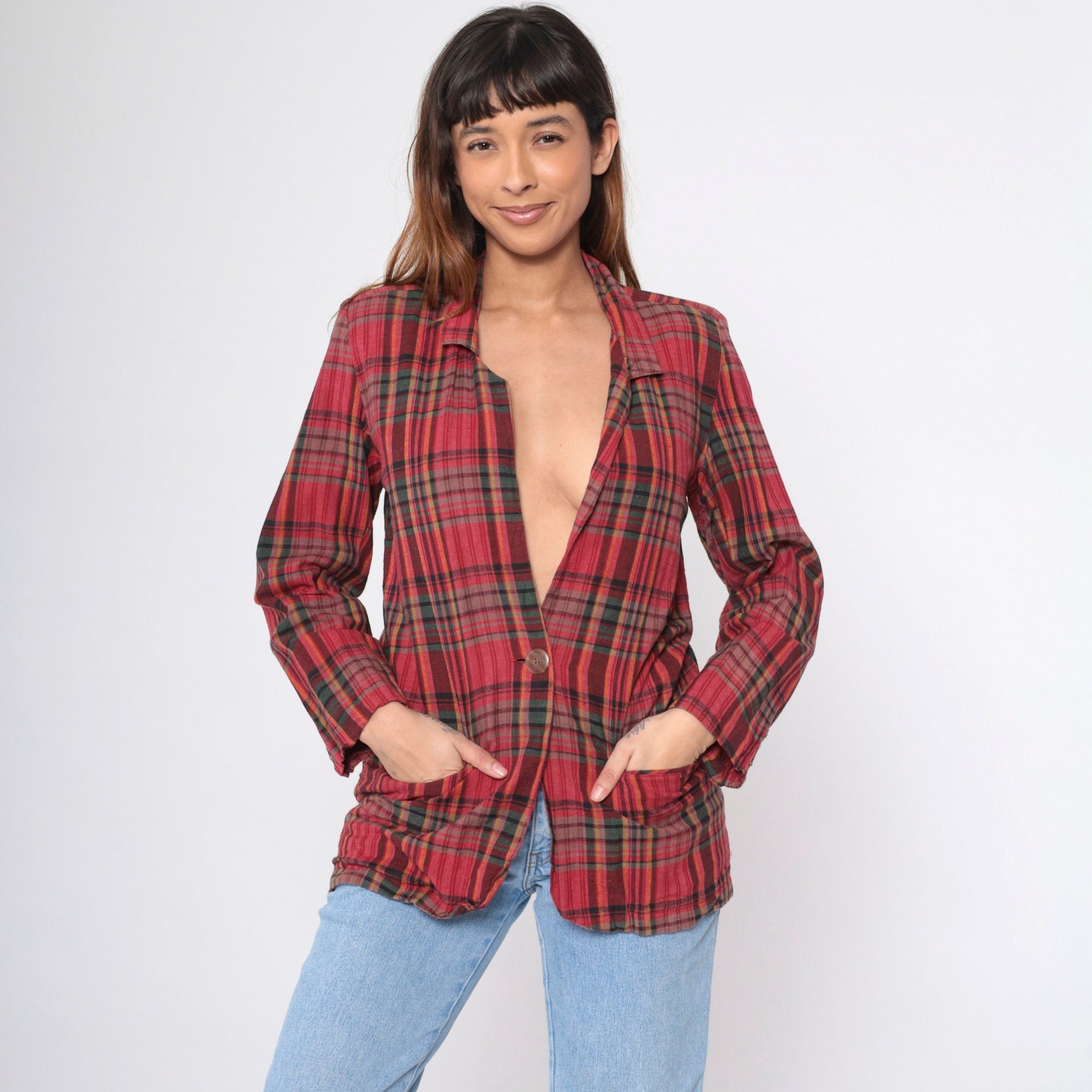 90s Red Plaid Cotton Blazer Deep V Neck Button Up Small