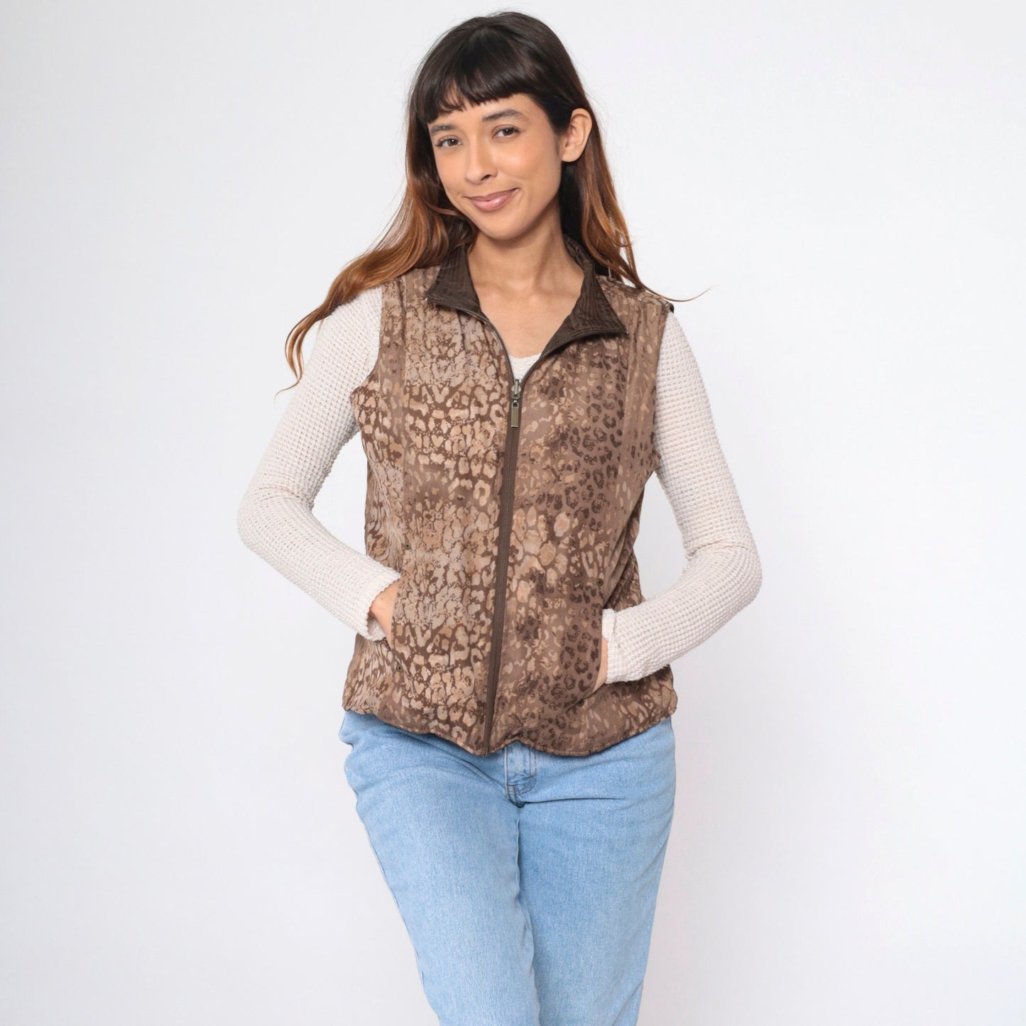 90s Leopard & Brown Reversible Quilted Vest Zip-Up Small