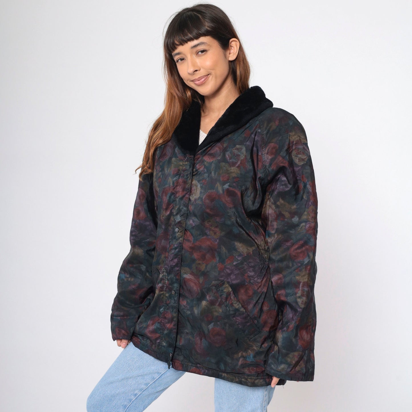 90s Aeros Puffer Jacket Floral Print Faux Fur Collar Windbreaker Large L