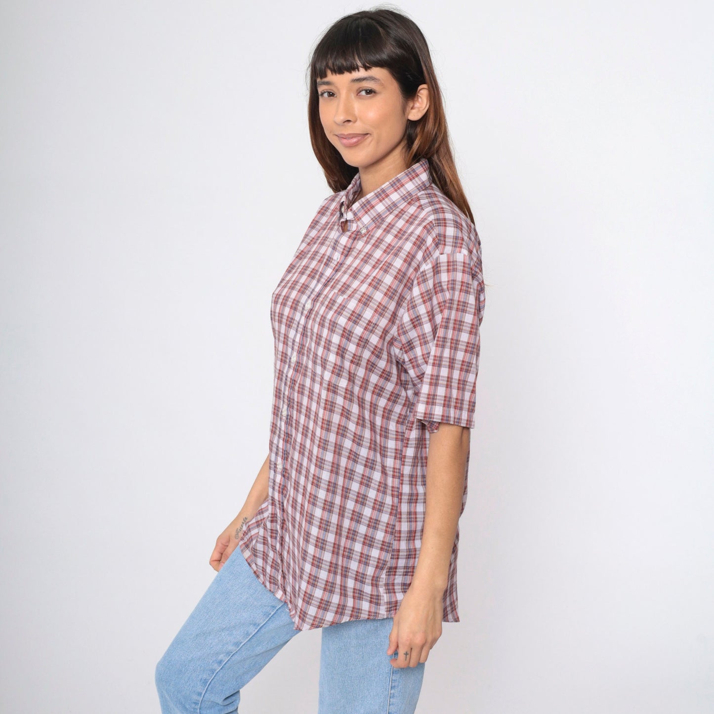 80s Grand Banks Plaid Button-Up Shirt Red White Brown Tartan Short Sleeve Large