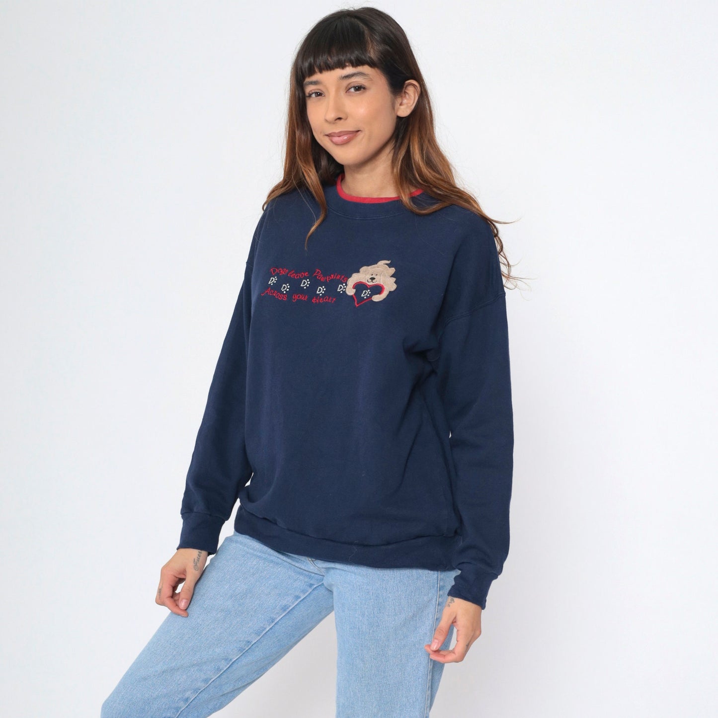 Y2K Dog Sweatshirt Navy Blue Rhinestone Embroidered Heart Pawprints Medium