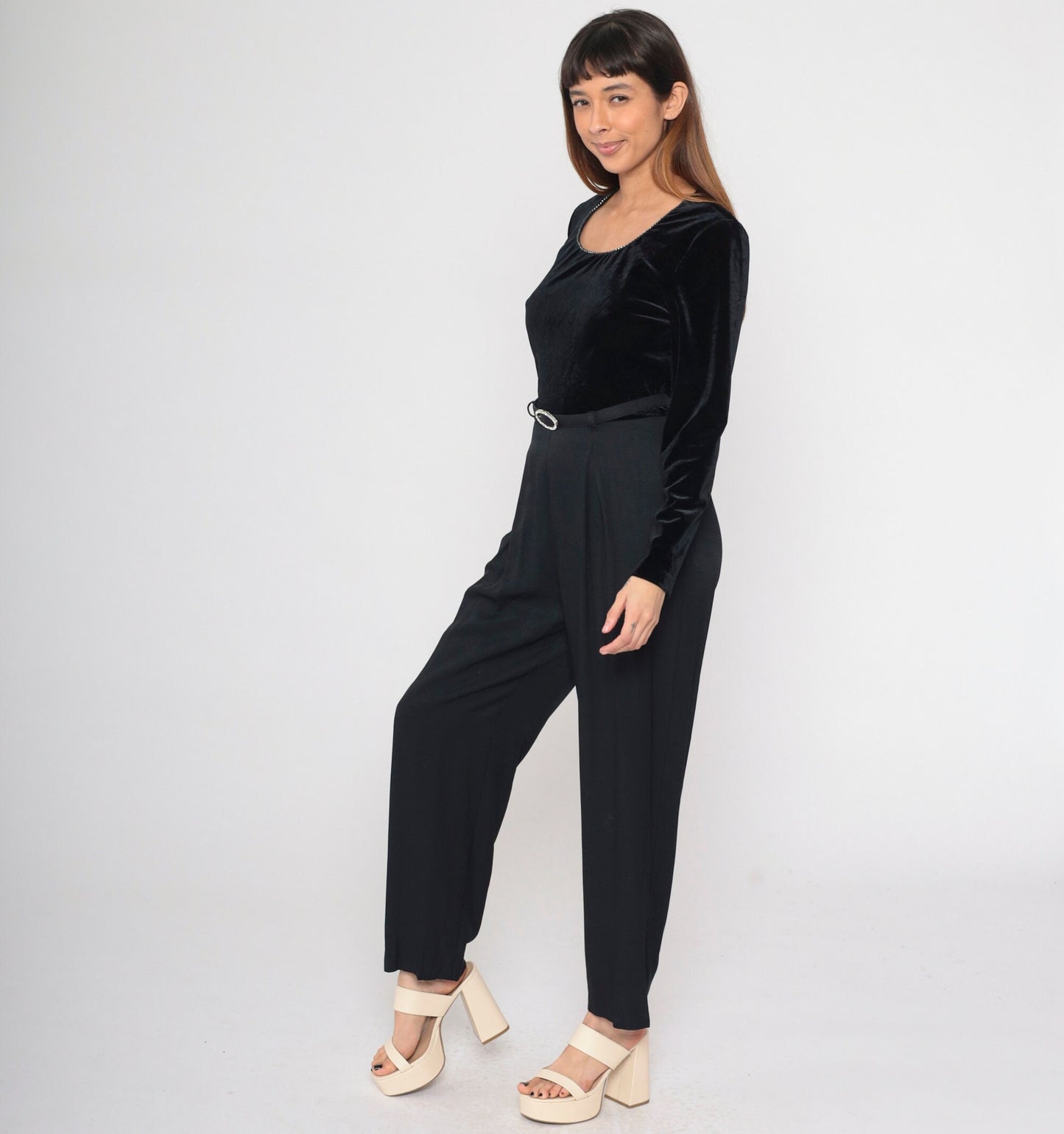 90s Black Velvet Jumpsuit Rhinestone Scoop Neck Tapered Long Sleeve Medium