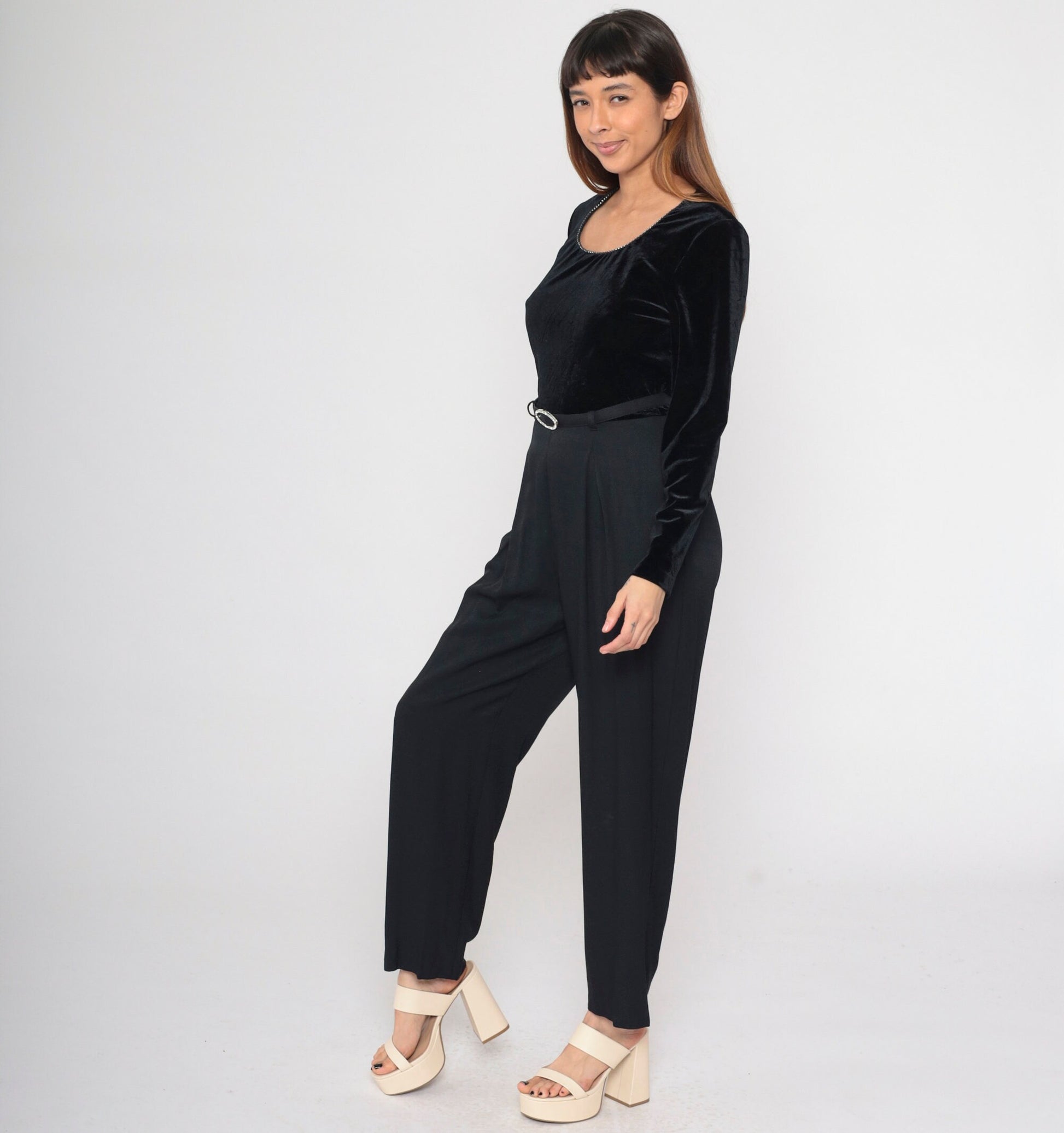 90s Black Velvet Jumpsuit Rhinestone Scoop Neck Tapered Long Sleeve Medium