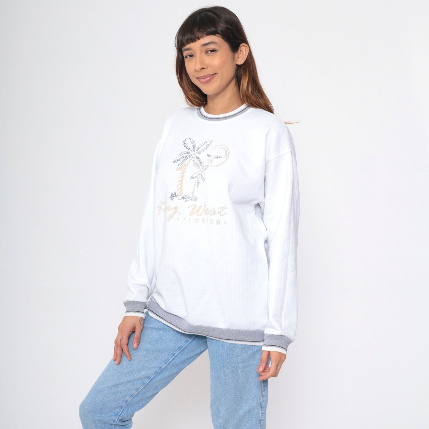 90s Key West Florida Sweatshirt White Graphic Beach Palm Ringer Large L