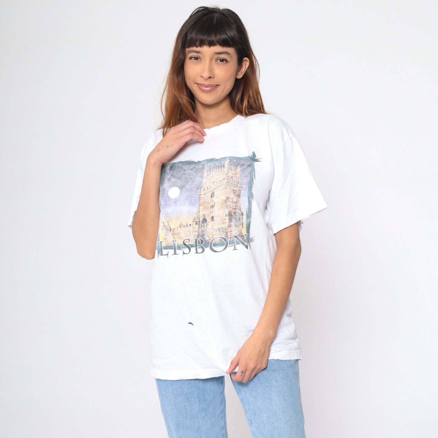 90s Lisbon Belém Tower Portugal Graphic T-Shirt White Distressed Large