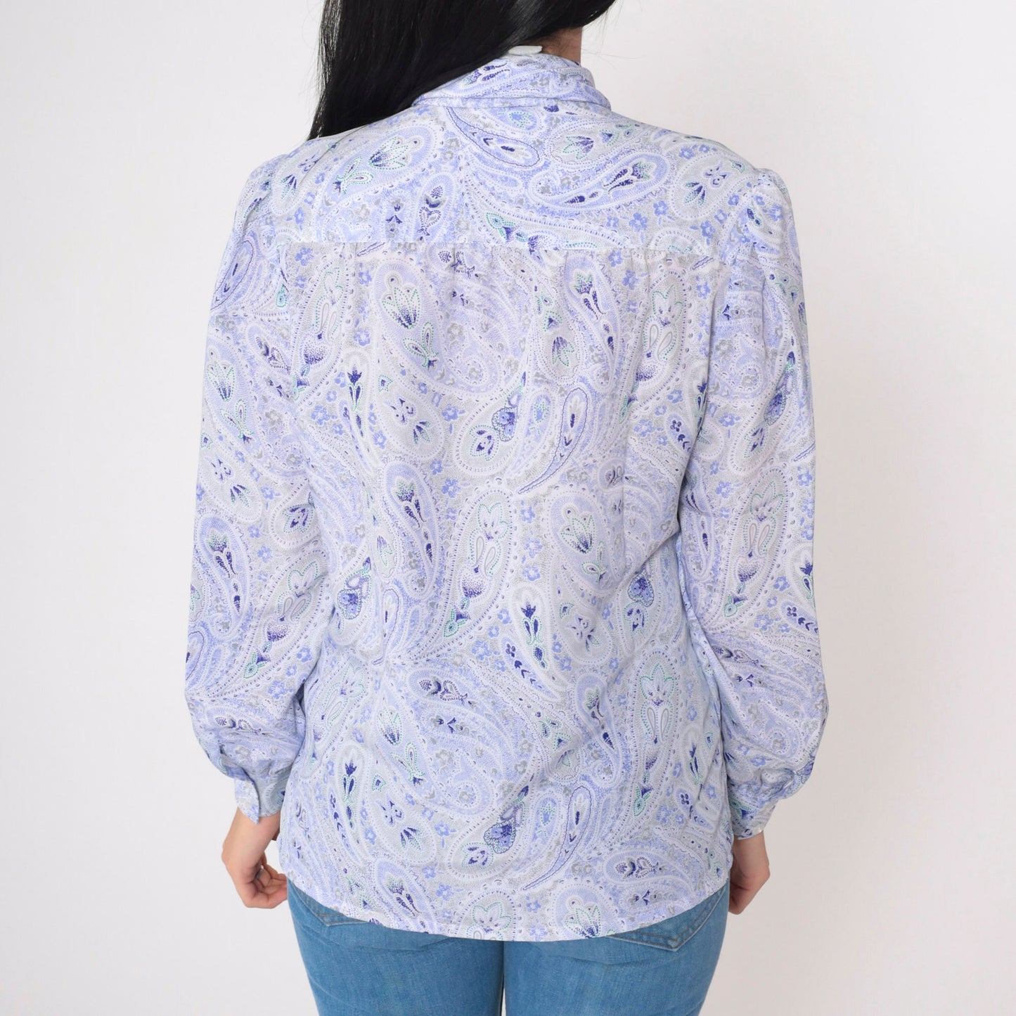 70s Paisley Ascot Blouse Purple White Puff Sleeve Button Up Medium M