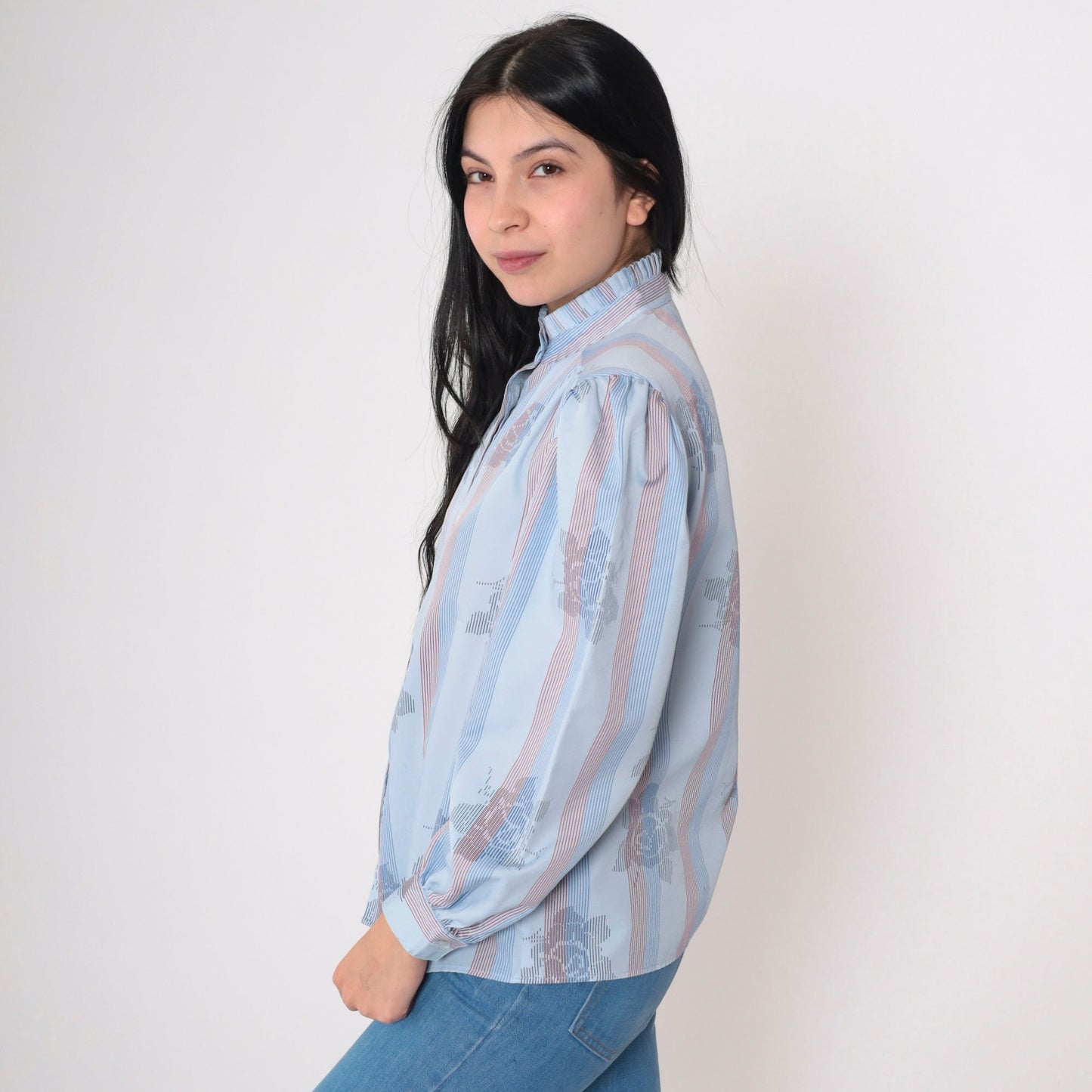 70s Blue Striped Floral Rose Button-Up Blouse High Pleated Neck Long Sleeve Medium M