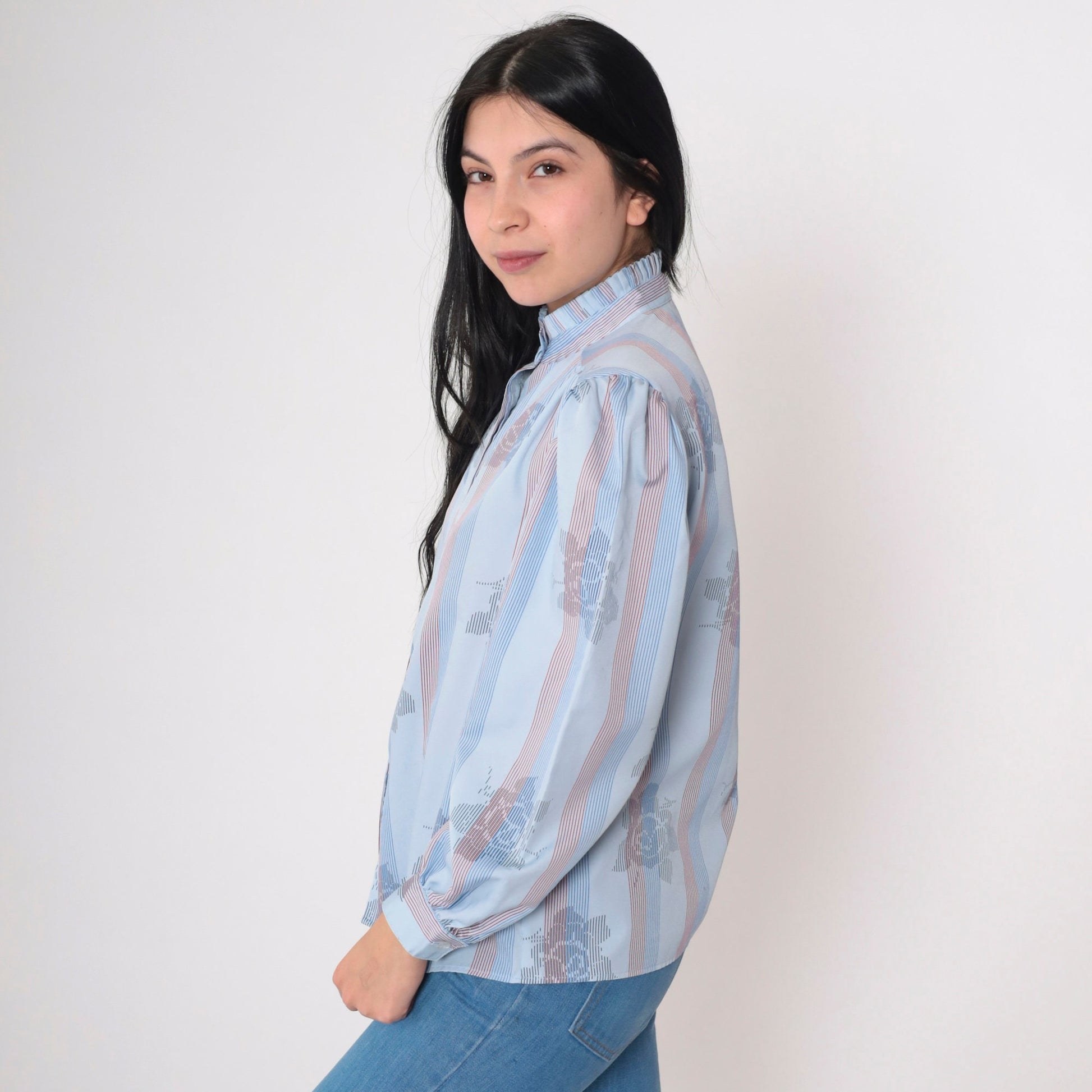 70s Blue Striped Floral Rose Button-Up Blouse High Pleated Neck Long Sleeve Medium M