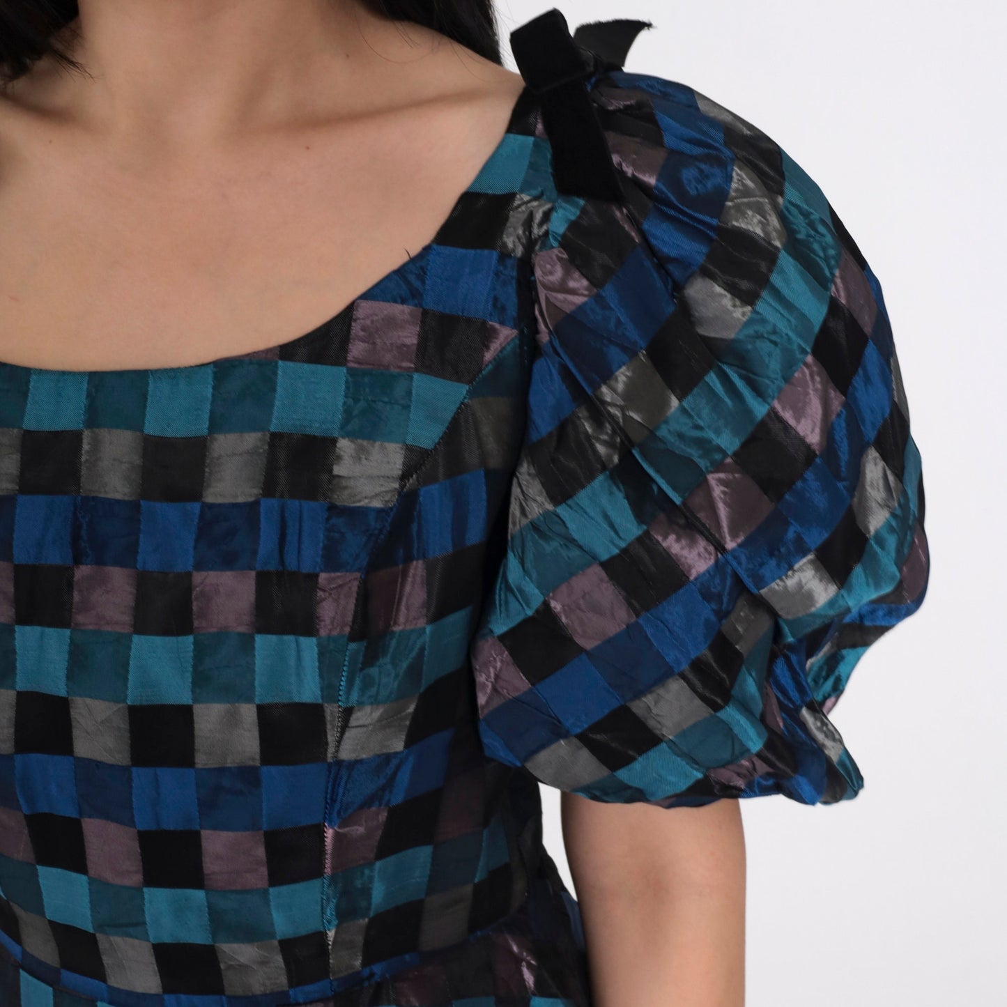 60s Charles Glueck Checkered Peplum Blouse Puff Sleeve Blue Black Extra Small