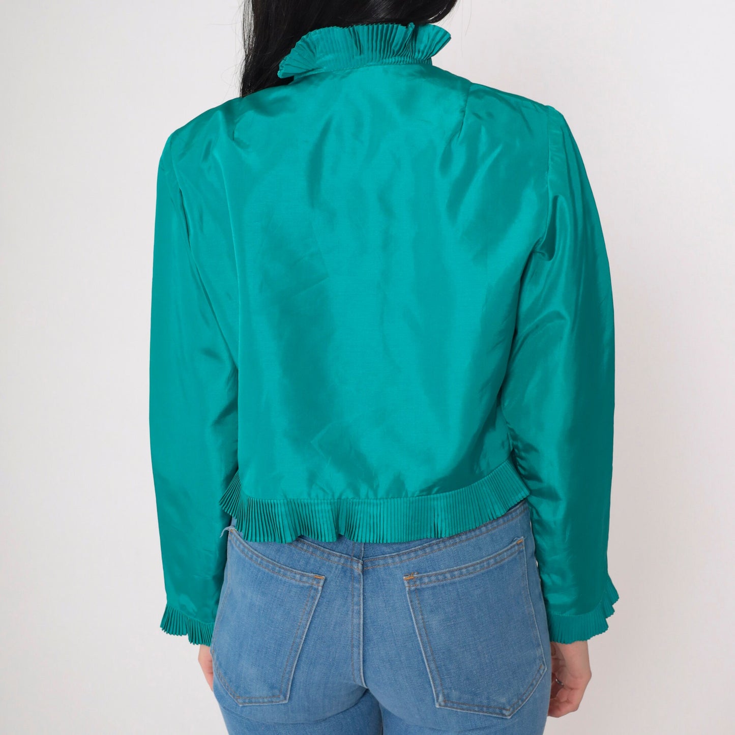 70s Miss Elliette Teal Cropped Jacket Open Front Knife Pleat Small