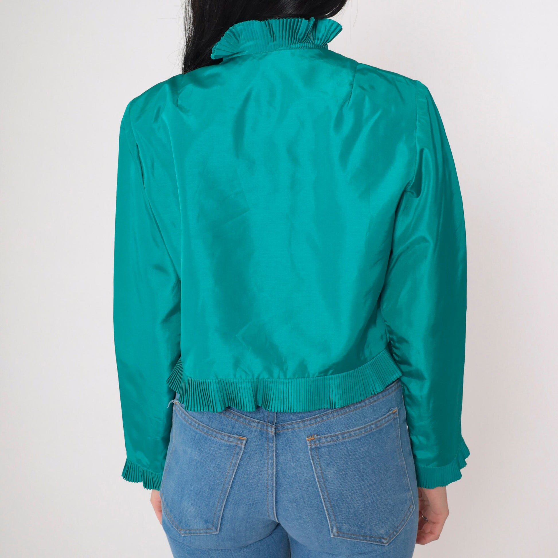 70s Miss Elliette Teal Cropped Jacket Open Front Knife Pleat Small