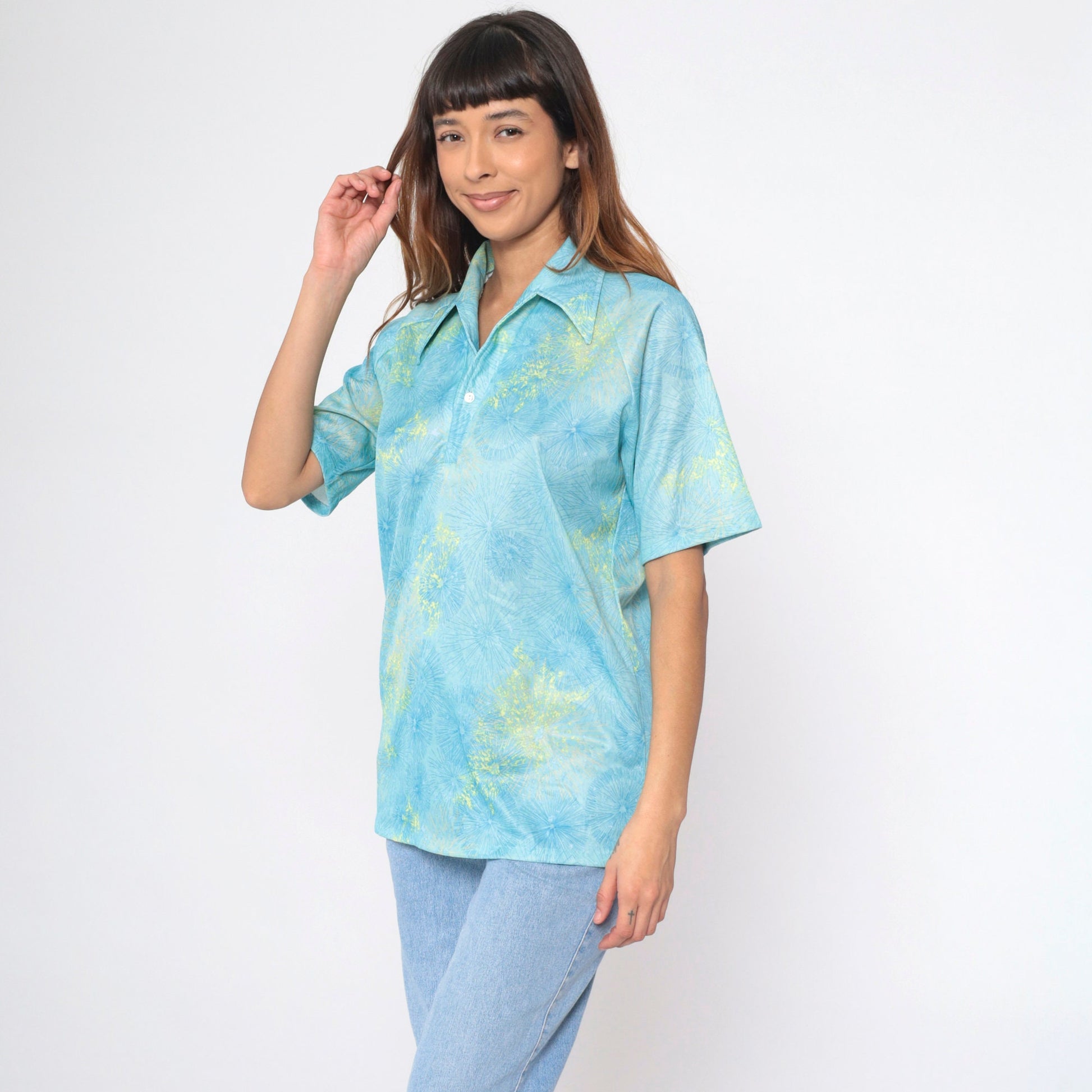 70s Lilly Dasche Blue Dandelion Floral Button-Up Shirt Raglan Large L