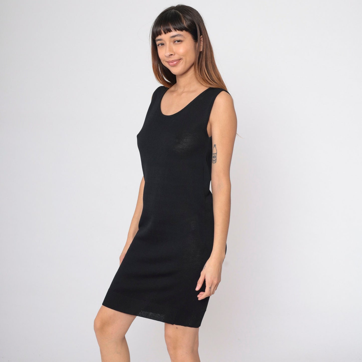90s Donna Karan Black Knit Mini Dress Semi-Sheer Sleeveless Shift Medium
